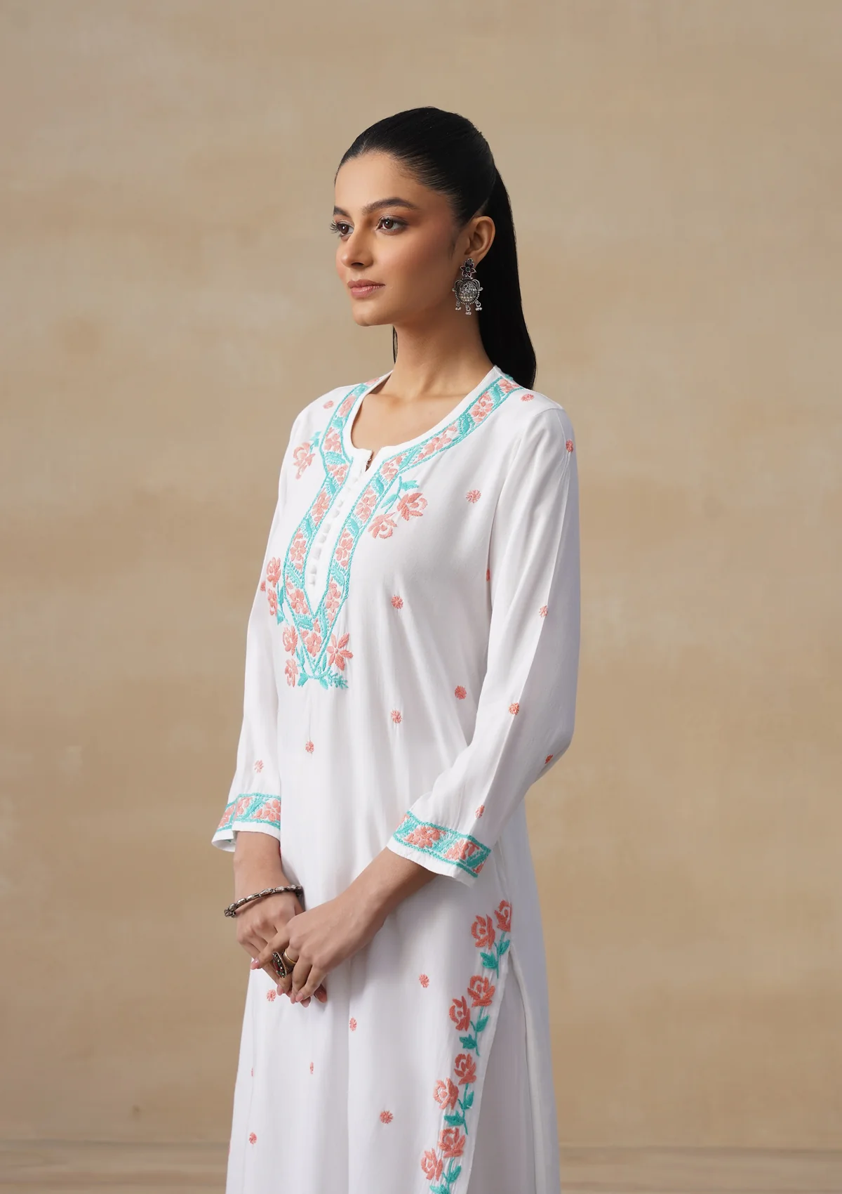 HOC Rayon Chikankari Solid Women's Long Kurta Set - White - Image 3
