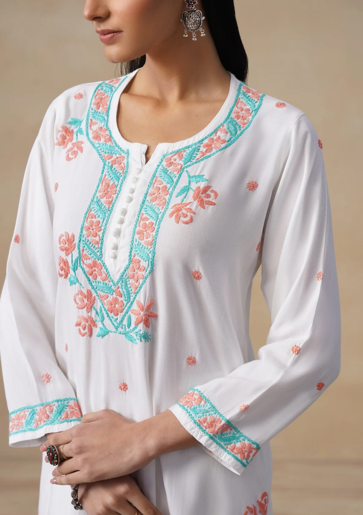 HOC Rayon Chikankari Solid Women's Long Kurta Set - White - Image 7