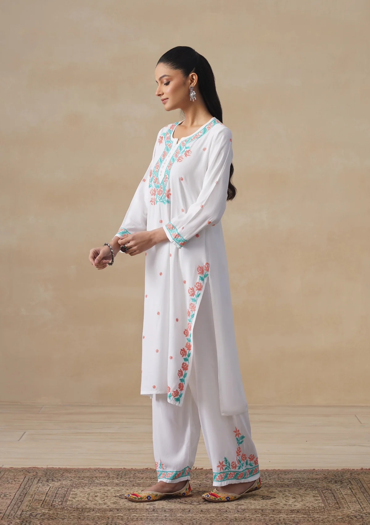 HOC Rayon Chikankari Solid Women's Long Kurta Set - White - Image 9