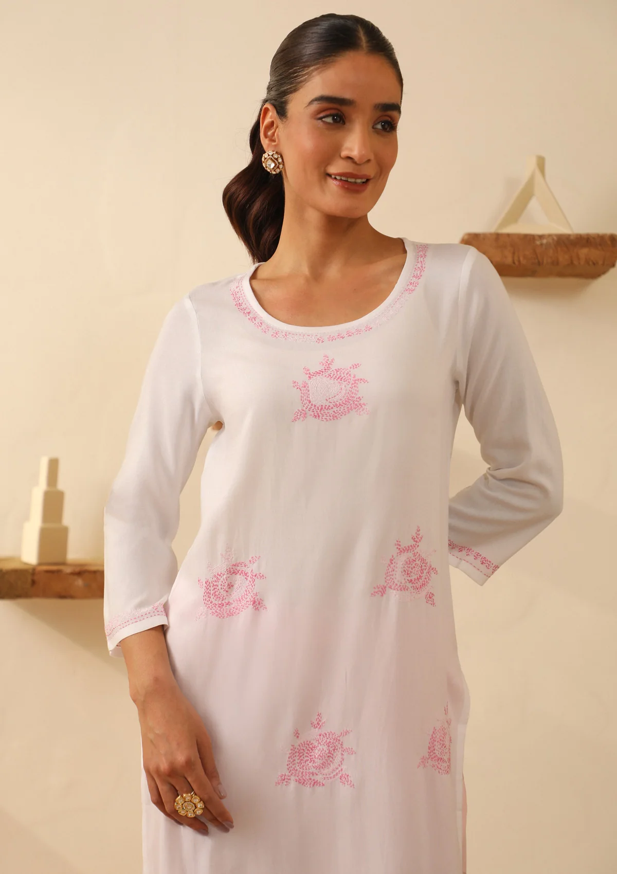 HOC Rayon Chikankari Solid Women's Long Kurta - White - Image 2