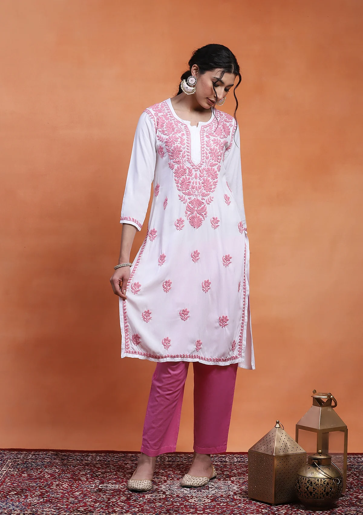 HOC Rayon Chikankari Solid Women's Long Kurta - White - Image 3