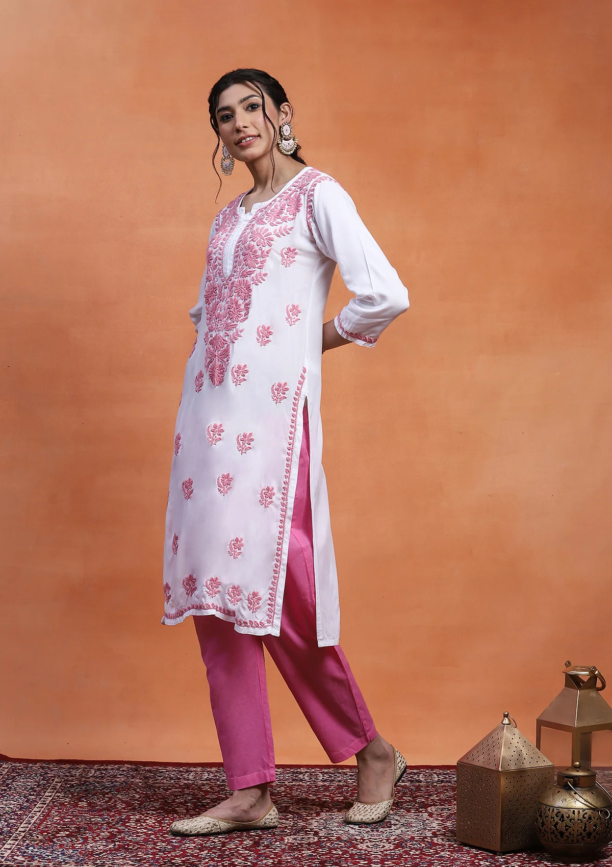 HOC Rayon Chikankari Solid Women's Long Kurta - White - Image 4