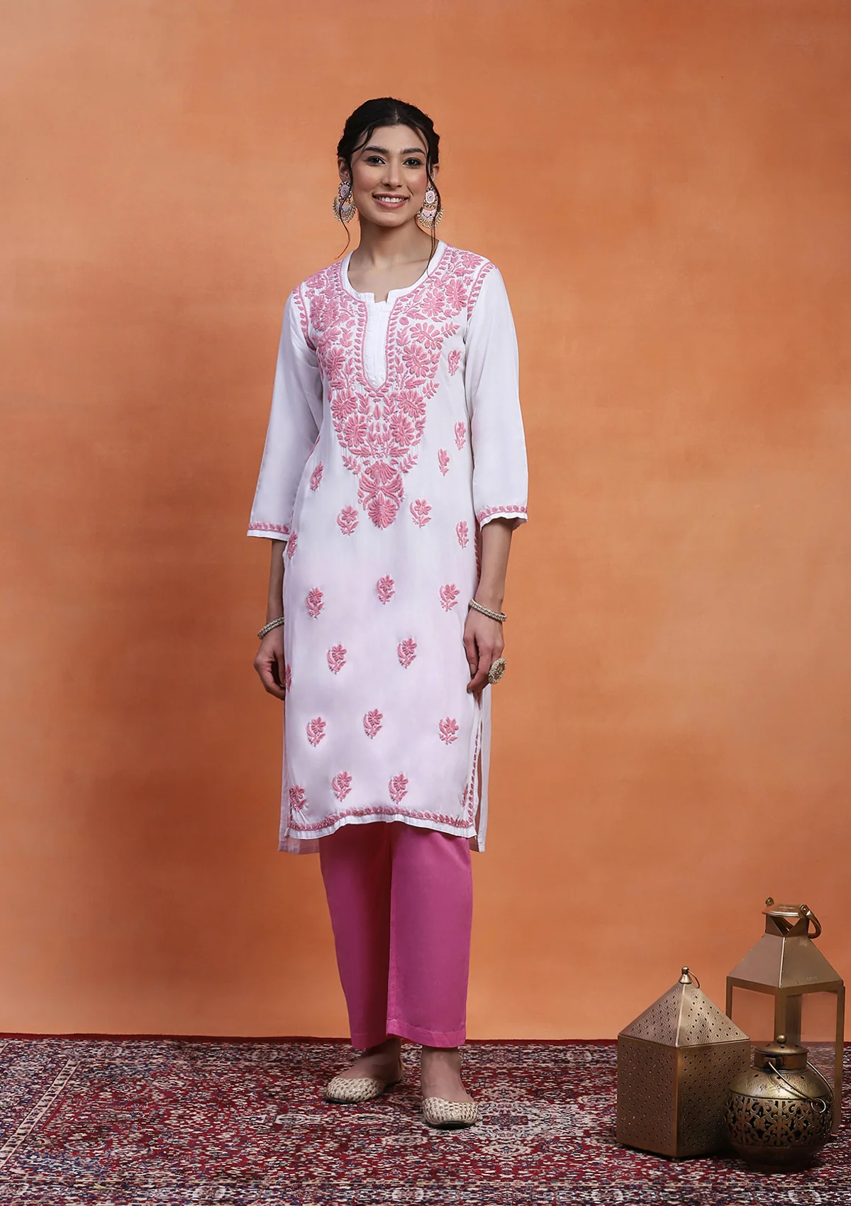 HOC Rayon Chikankari Solid Women's Long Kurta - White - Image 5