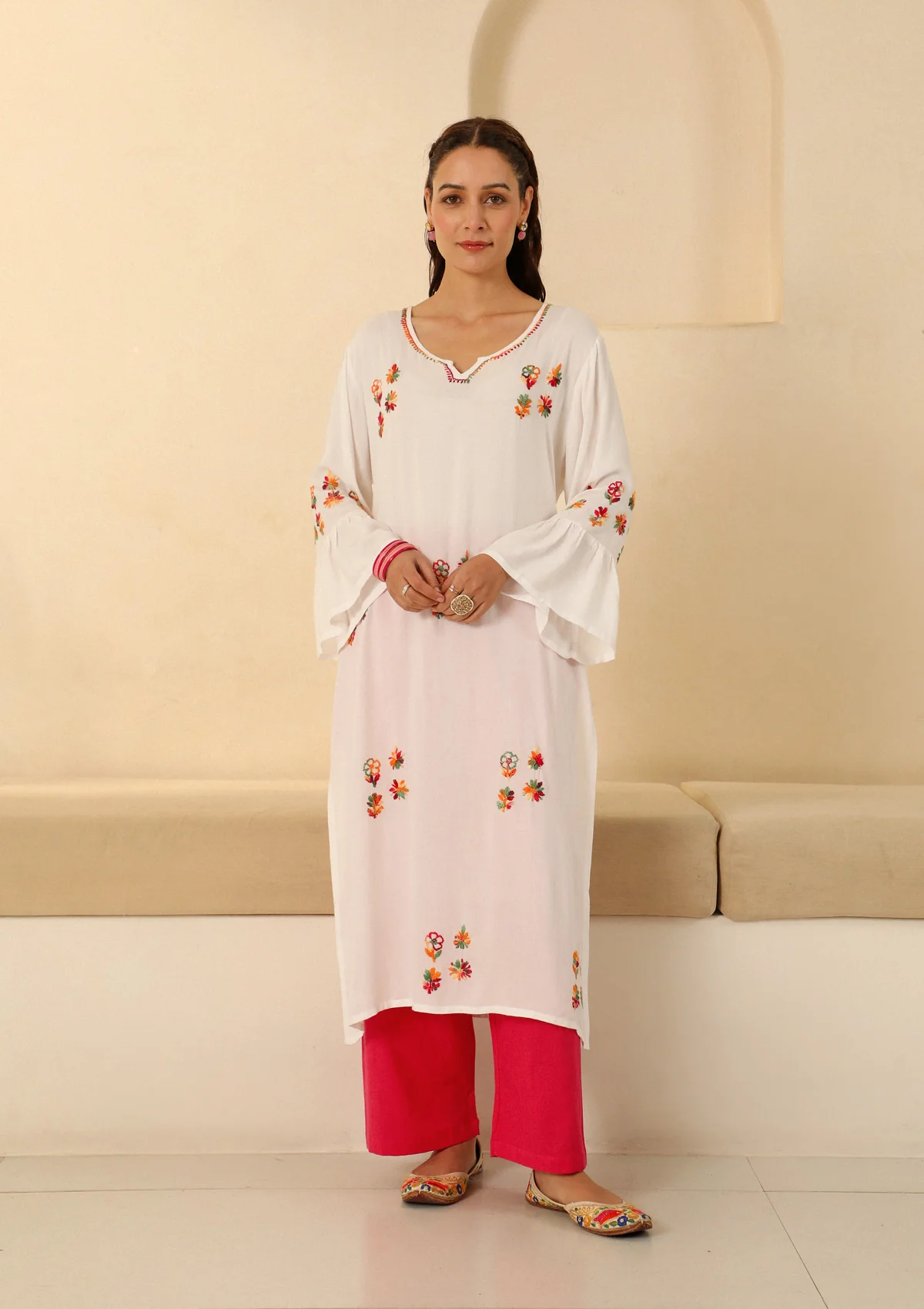 HOC Rayon Chikankari Solid Women's long kurta - White