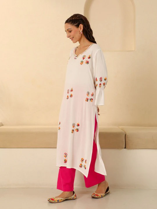 HOC Rayon Chikankari Solid Women's long kurta - White - Image 4