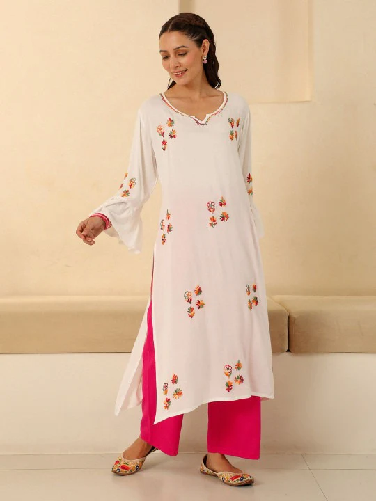 HOC Rayon Chikankari Solid Women's long kurta - White - Image 5