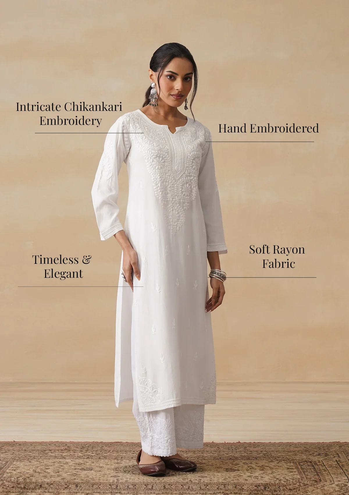 HOC Rayon Chikankari Solid Women's Long Kurta - White - Image 10