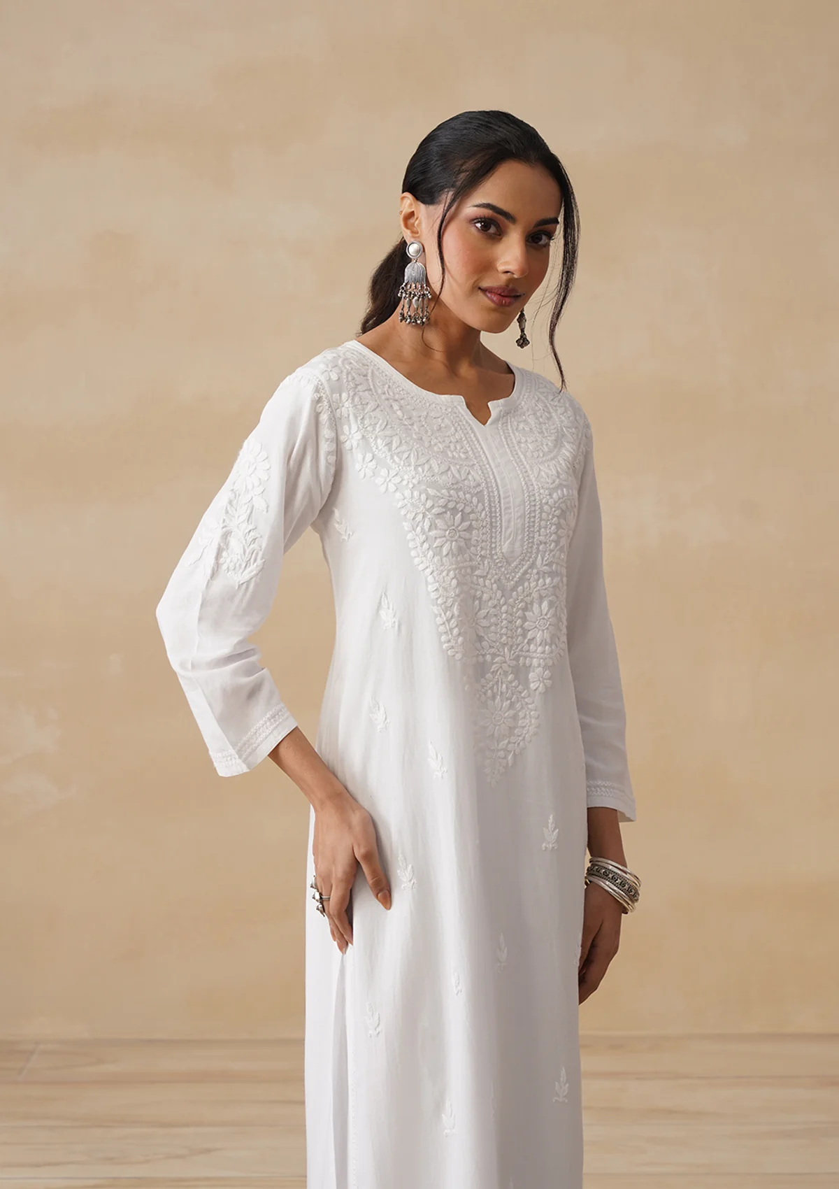 HOC Rayon Chikankari Solid Women's Long Kurta - White - Image 3