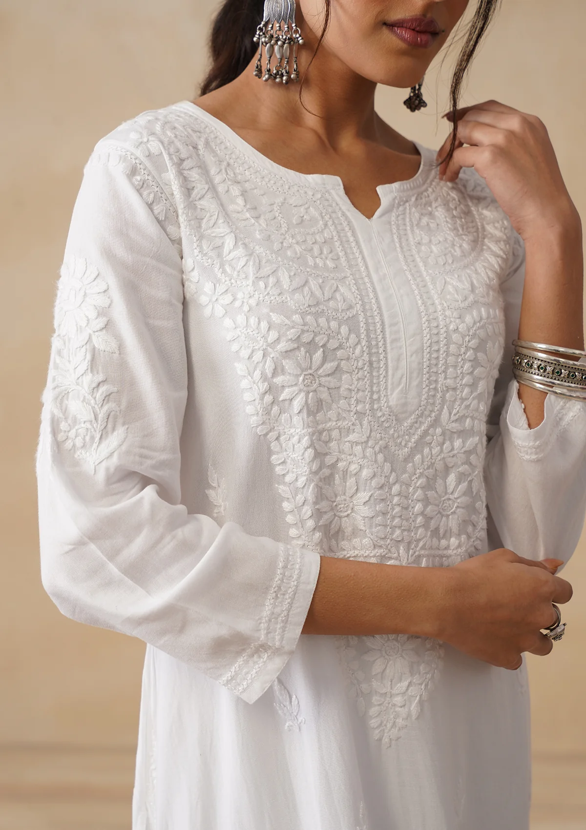 HOC Rayon Chikankari Solid Women's Long Kurta - White - Image 4