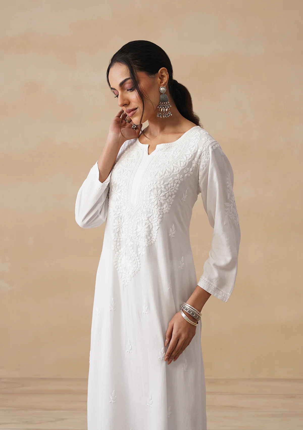 HOC Rayon Chikankari Solid Women's Long Kurta - White - Image 7