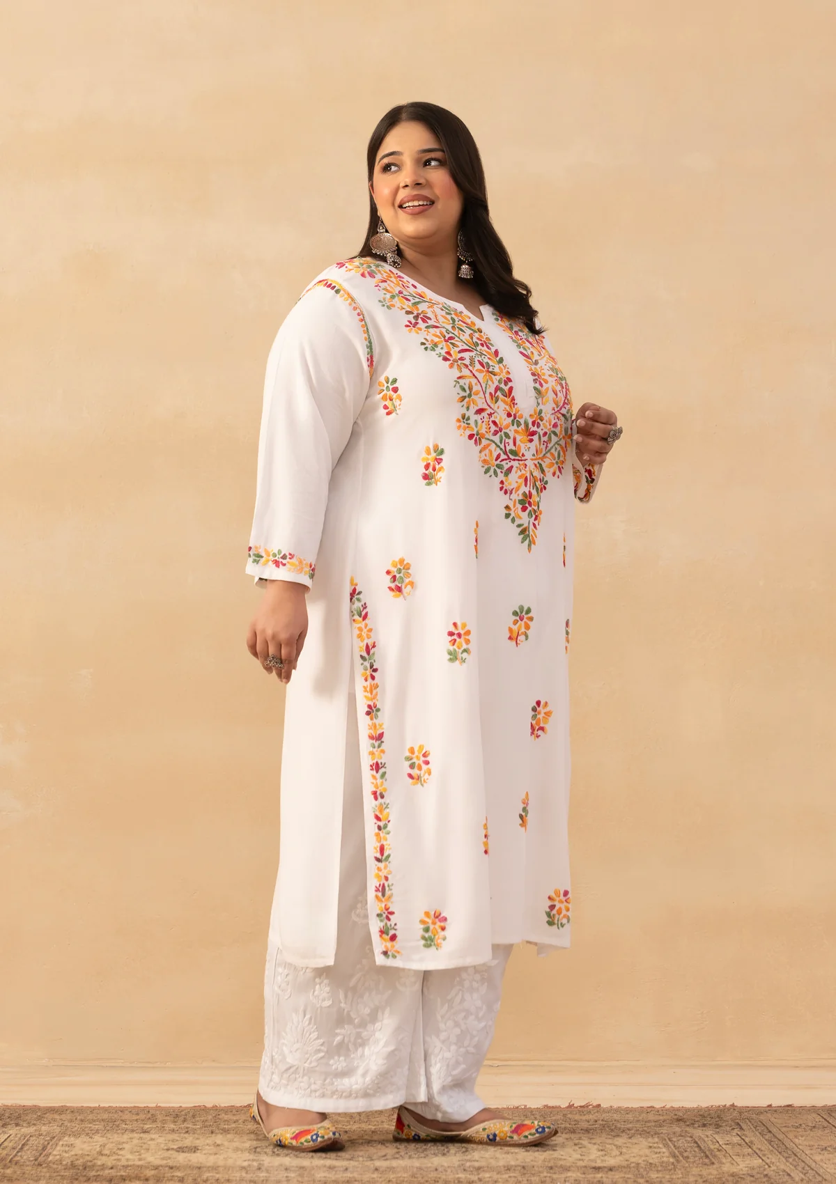 HOC Rayon Chikankari Solid Women's Long Kurta - White - Image 3