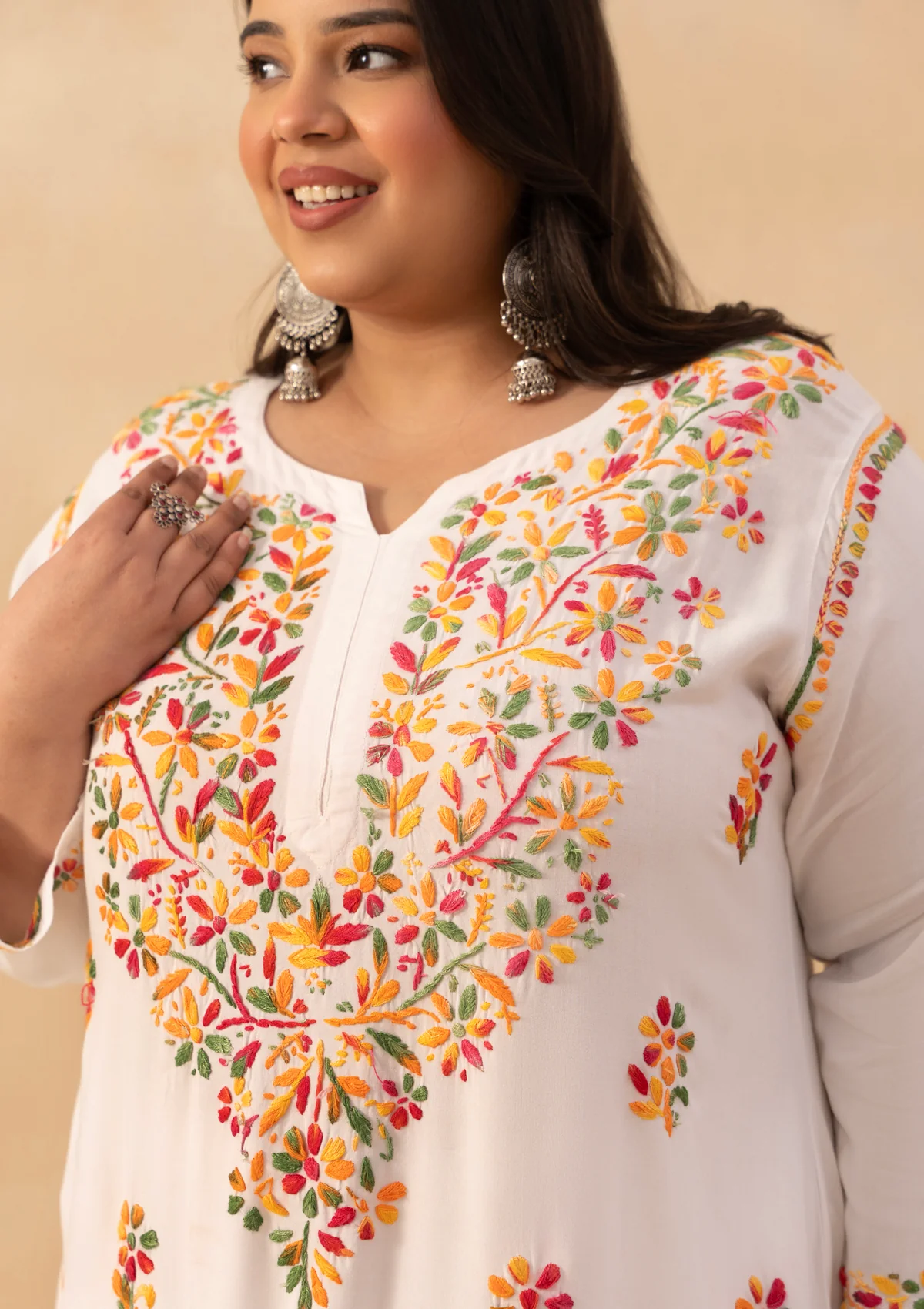 HOC Rayon Chikankari Solid Women's Long Kurta - White - Image 4