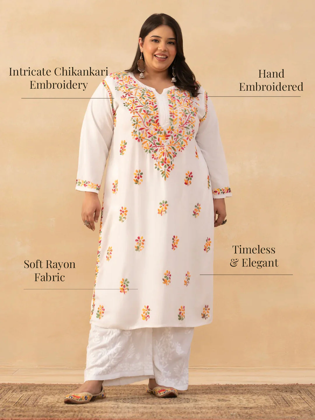 HOC Rayon Chikankari Solid Women's Long Kurta - White - Image 7