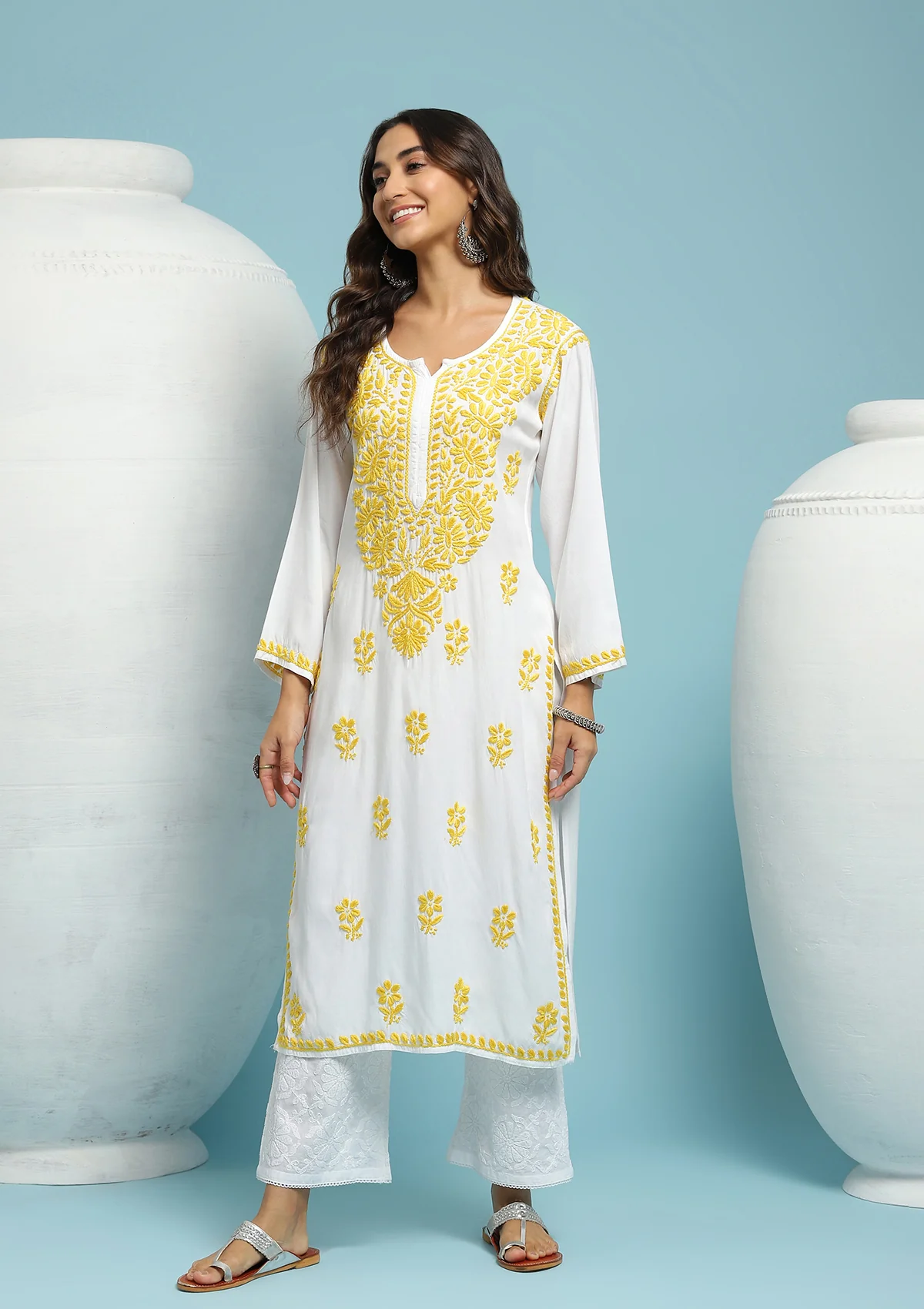 Rayon Chikankari Solid Women's Long Kurta - White - Image 3