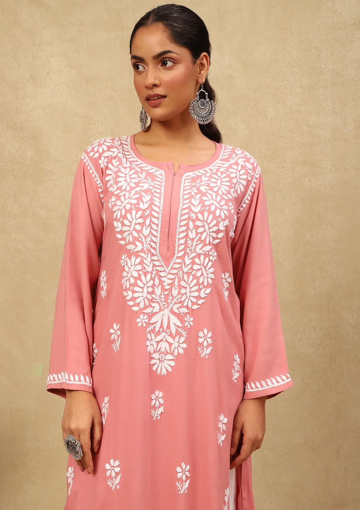 HOC Rayon Chikankari Solid Women's Long Kurta -Dust Pink - Image 2