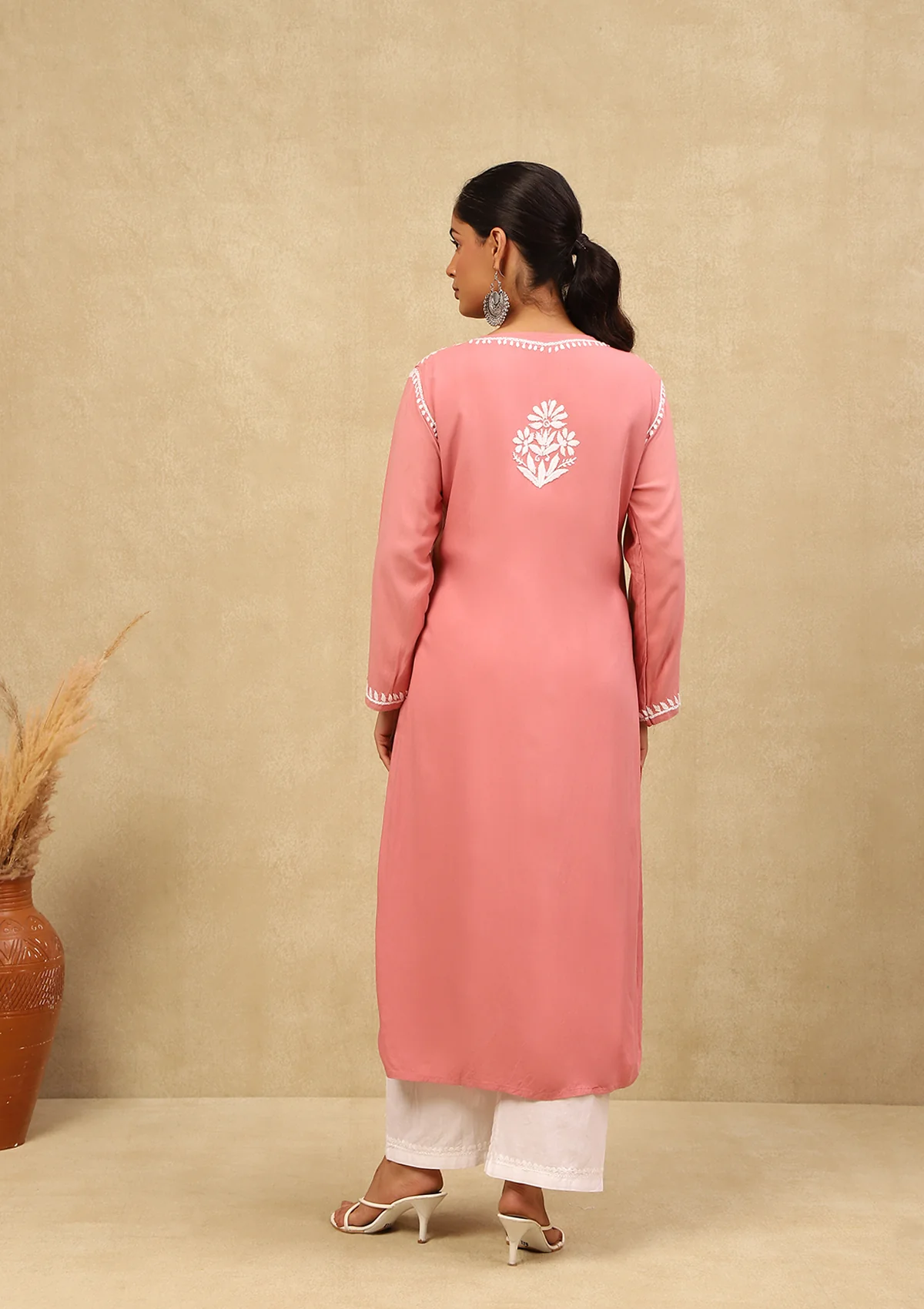 HOC Rayon Chikankari Solid Women's Long Kurta -Dust Pink - Image 5