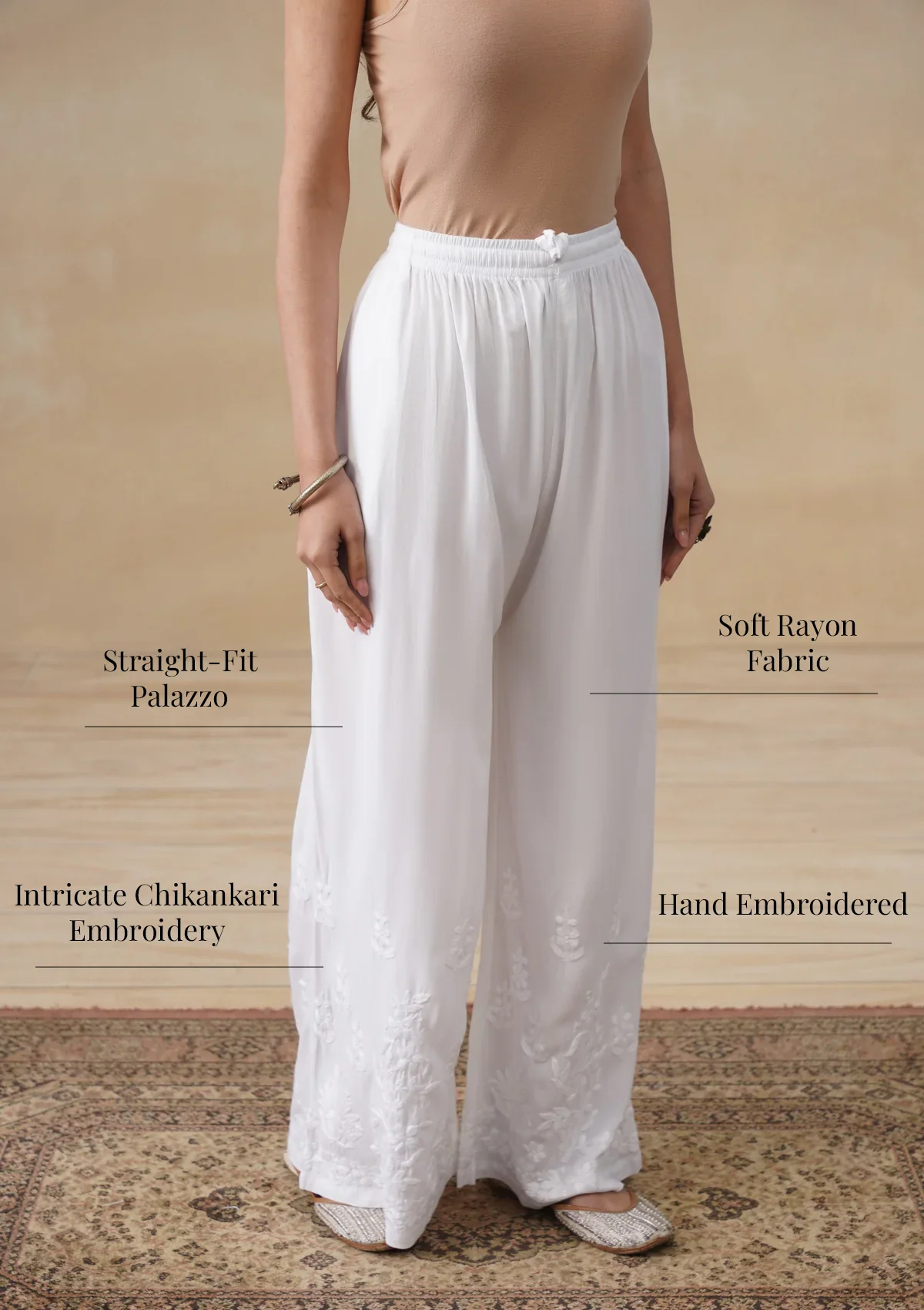 HOC Rayon Chikankari Solid Women's Palazzo - White - Image 7