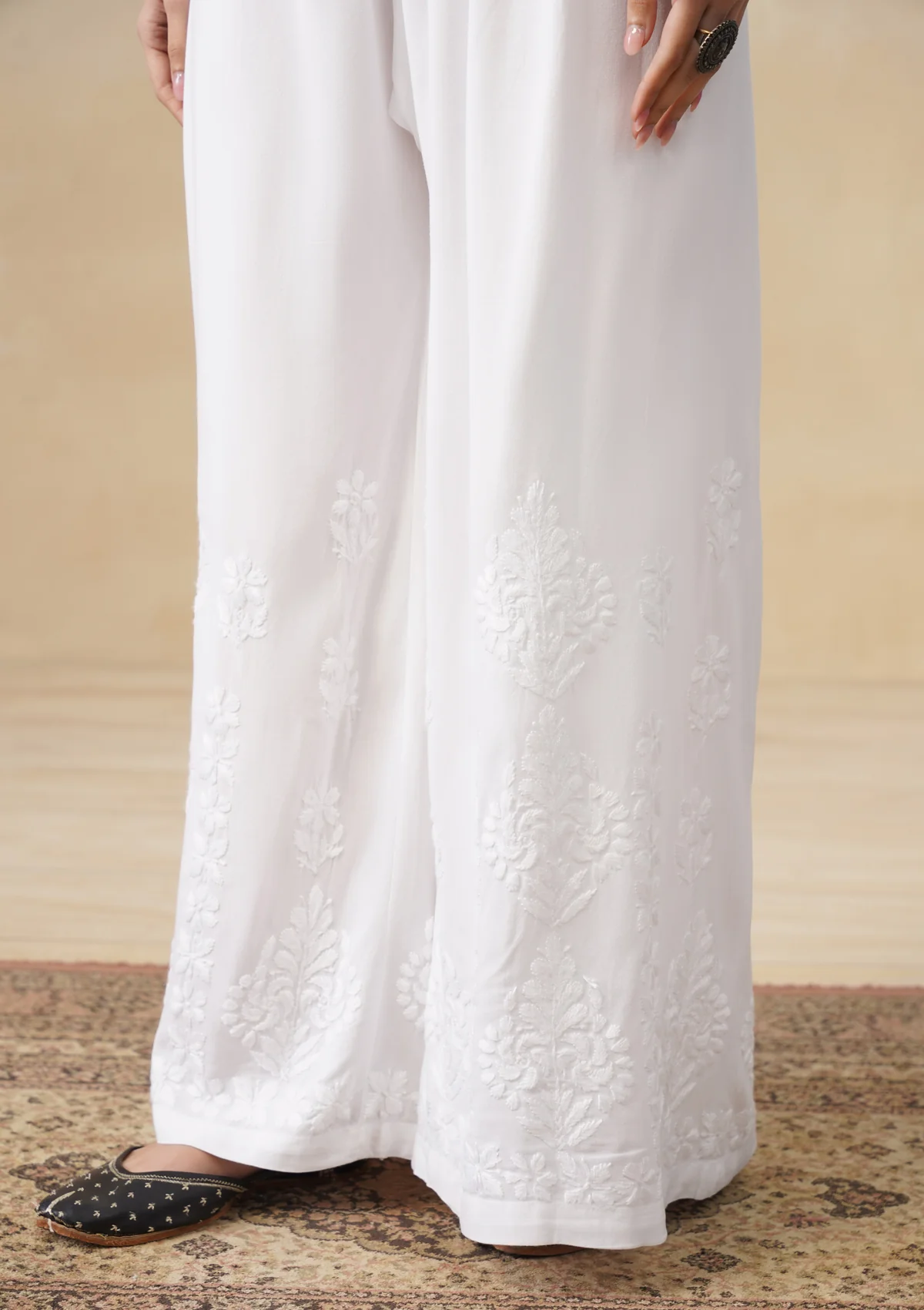 HOC Rayon Chikankari Solid Women's Flared Palazzo - White - Image 4