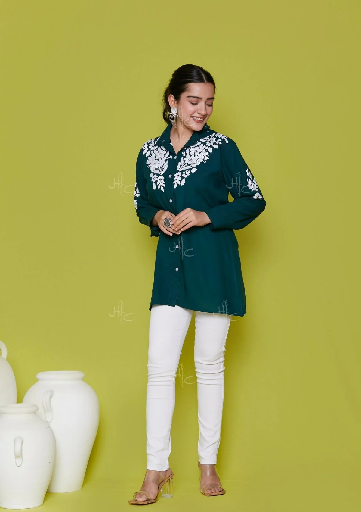 HOC Rayon Chikankari Solid Women's Shirt - Green - Image 3