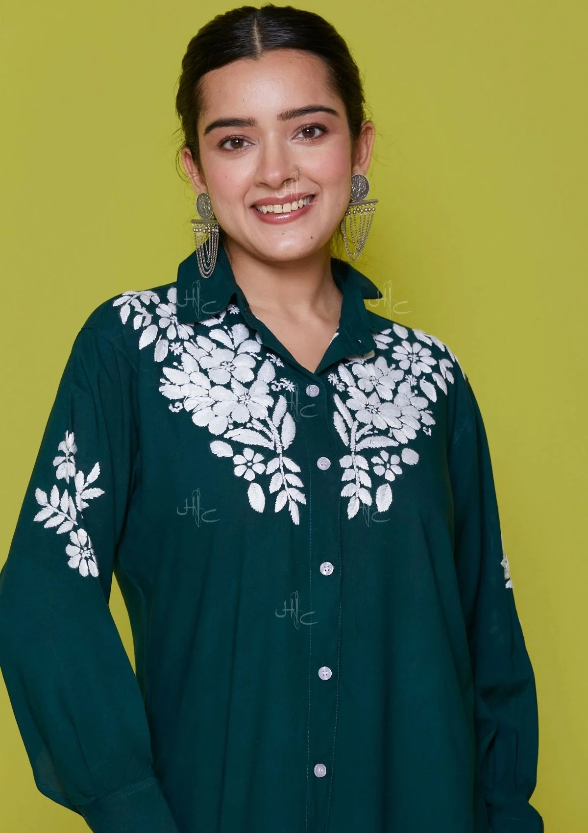 HOC Rayon Chikankari Solid Women's Shirt - Green - Image 4