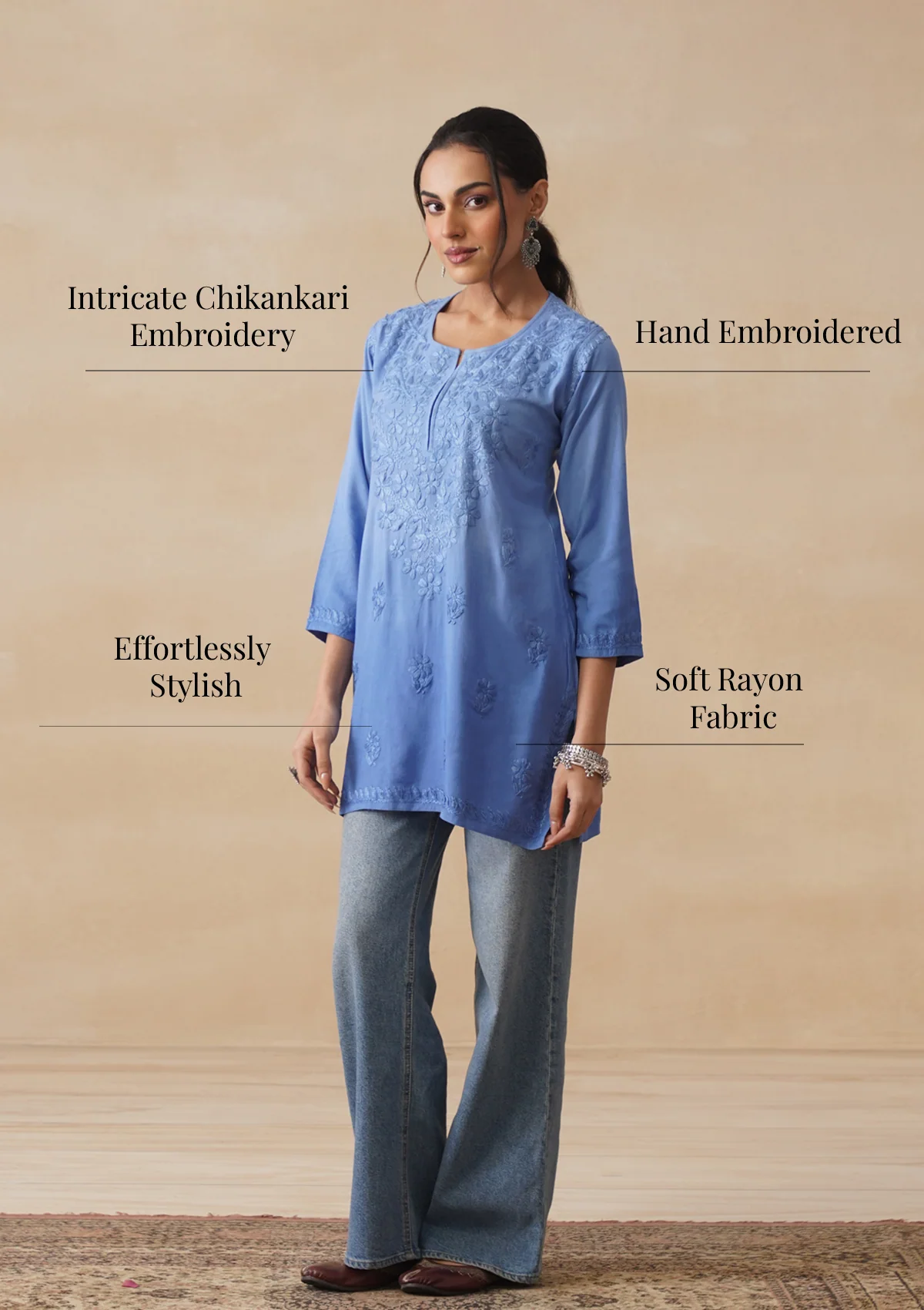 HOC Rayon Chikankari Solid Women's Short Kurta - Blue - Image 10