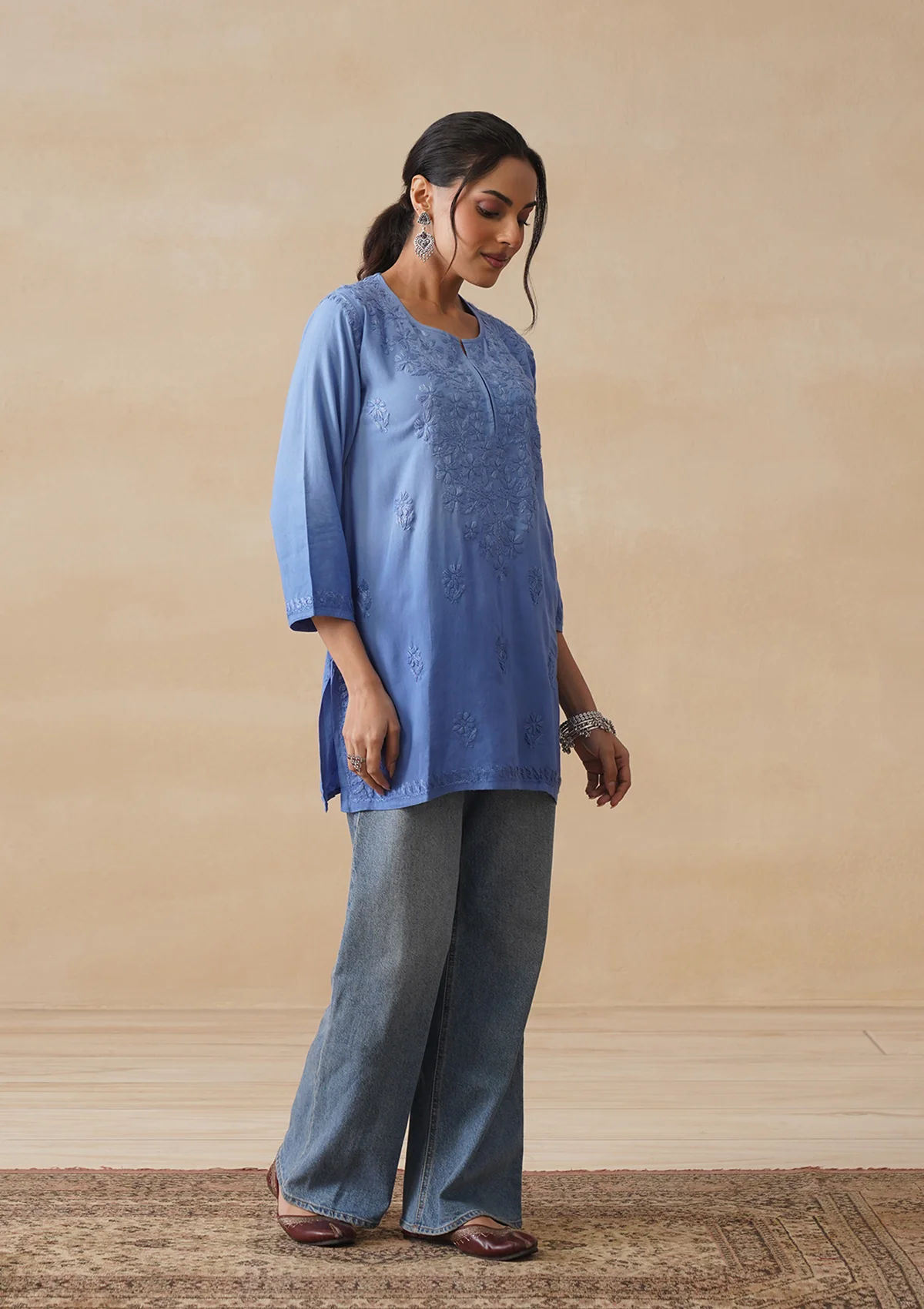 HOC Rayon Chikankari Solid Women's Short Kurta - Blue - Image 3