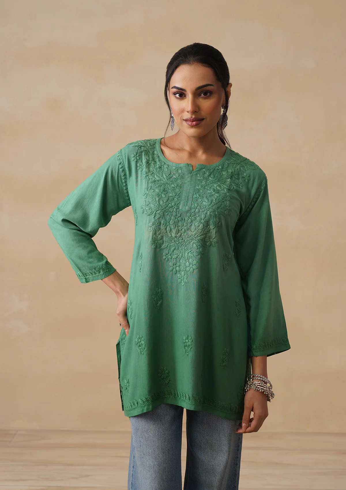 HOC Rayon Chikankari Solid Women's Short Kurta - Green
