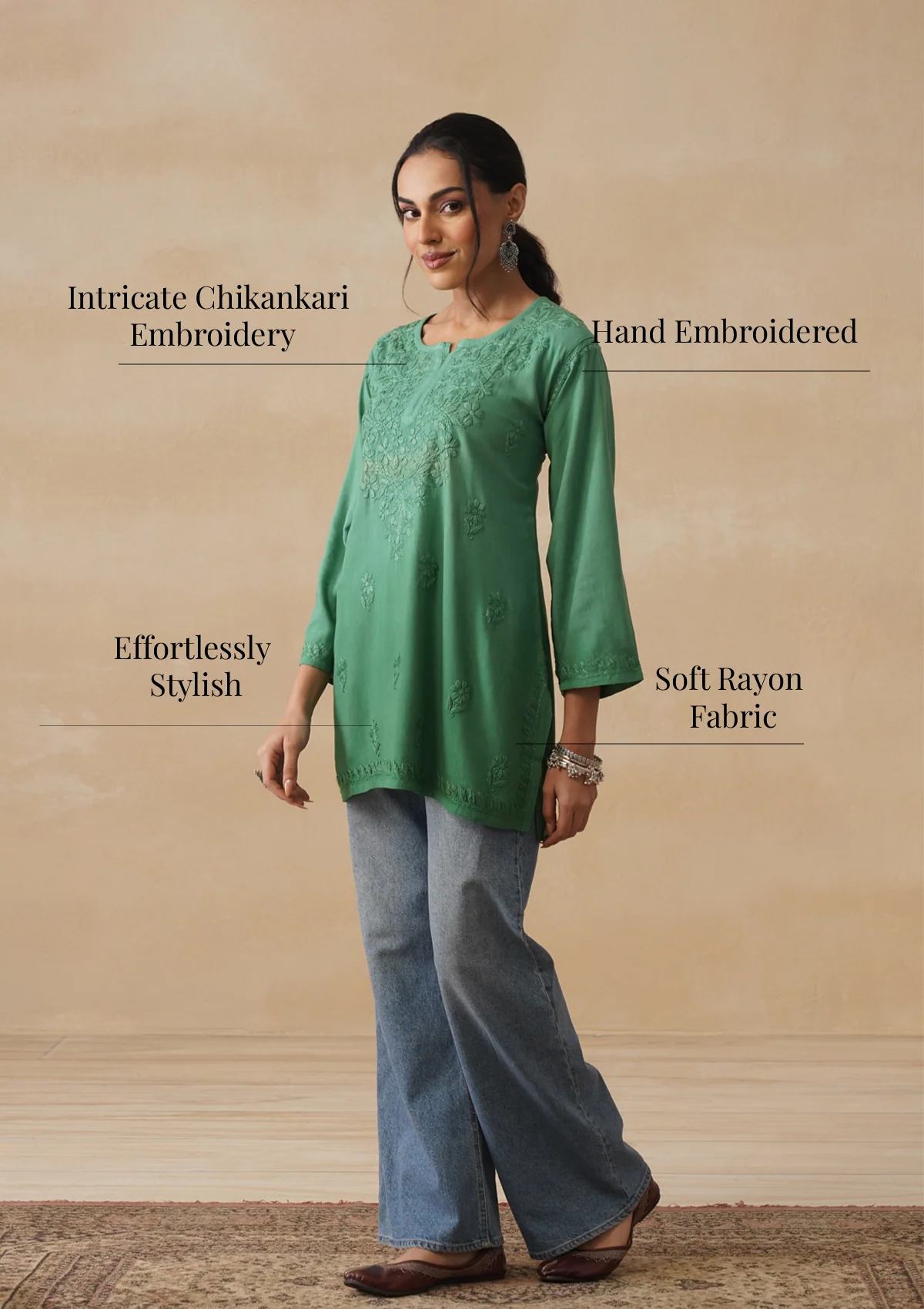HOC Rayon Chikankari Solid Women's Short Kurta - Green - Image 10
