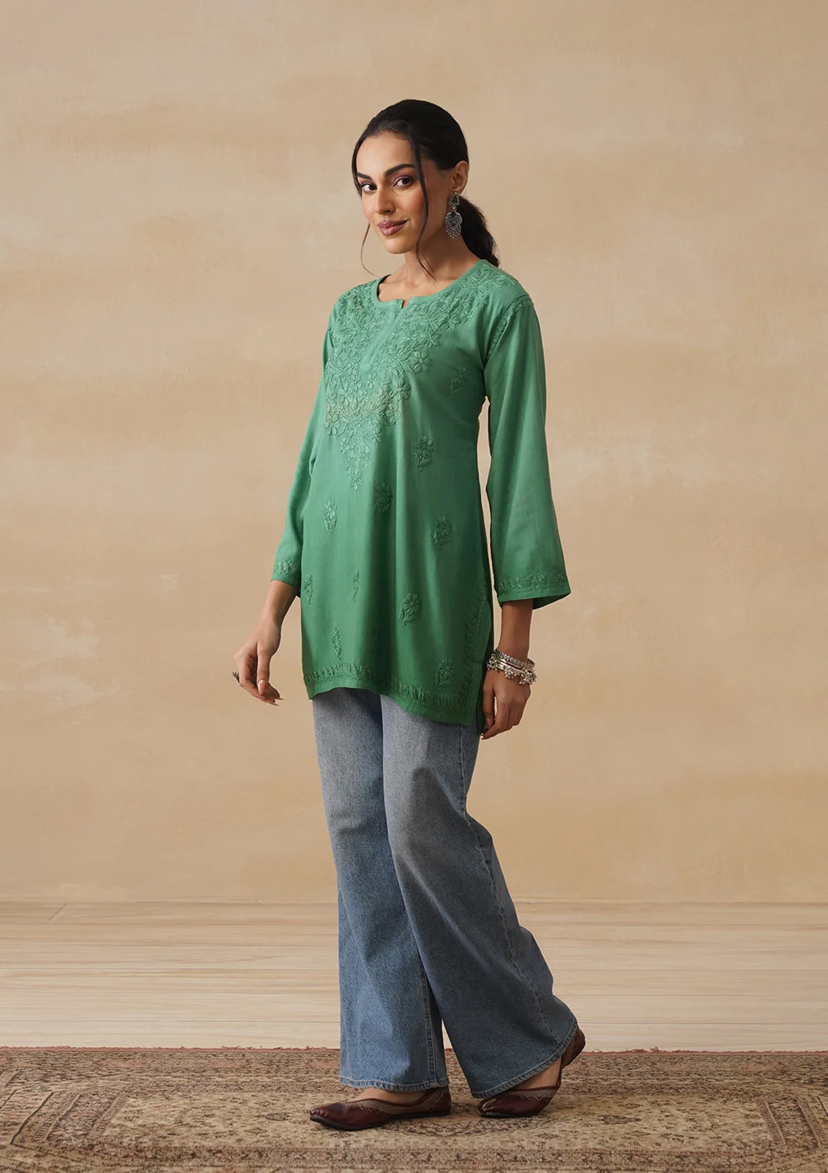 HOC Rayon Chikankari Solid Women's Short Kurta - Green - Image 3