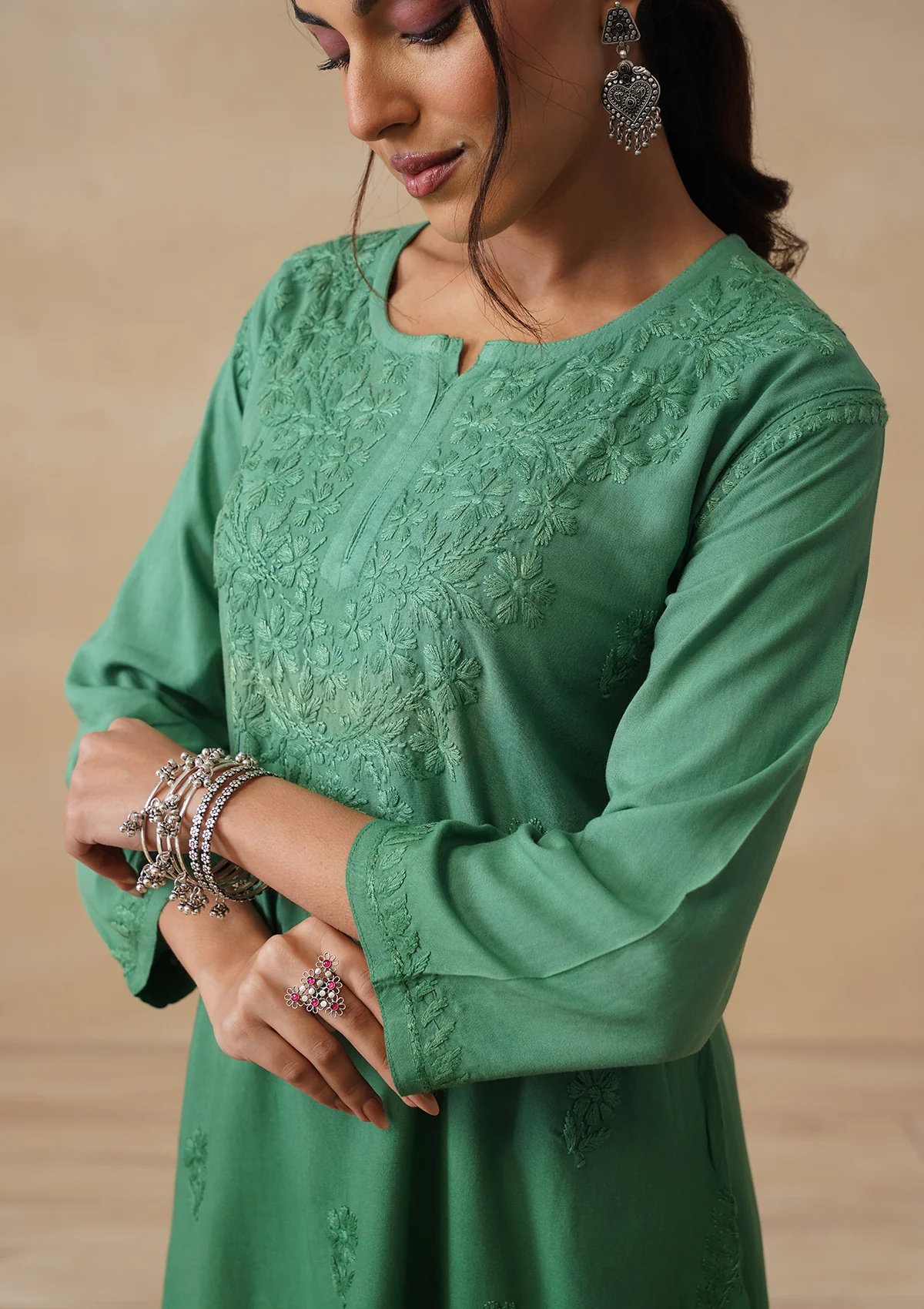 HOC Rayon Chikankari Solid Women's Short Kurta - Green - Image 4