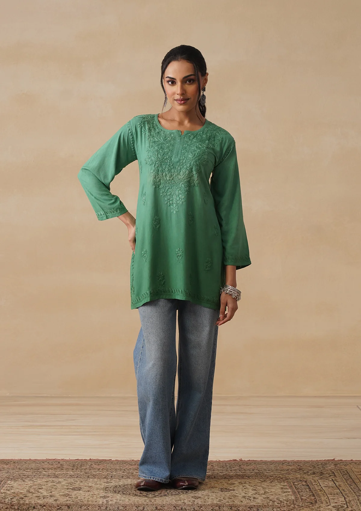 HOC Rayon Chikankari Solid Women's Short Kurta - Green - Image 6