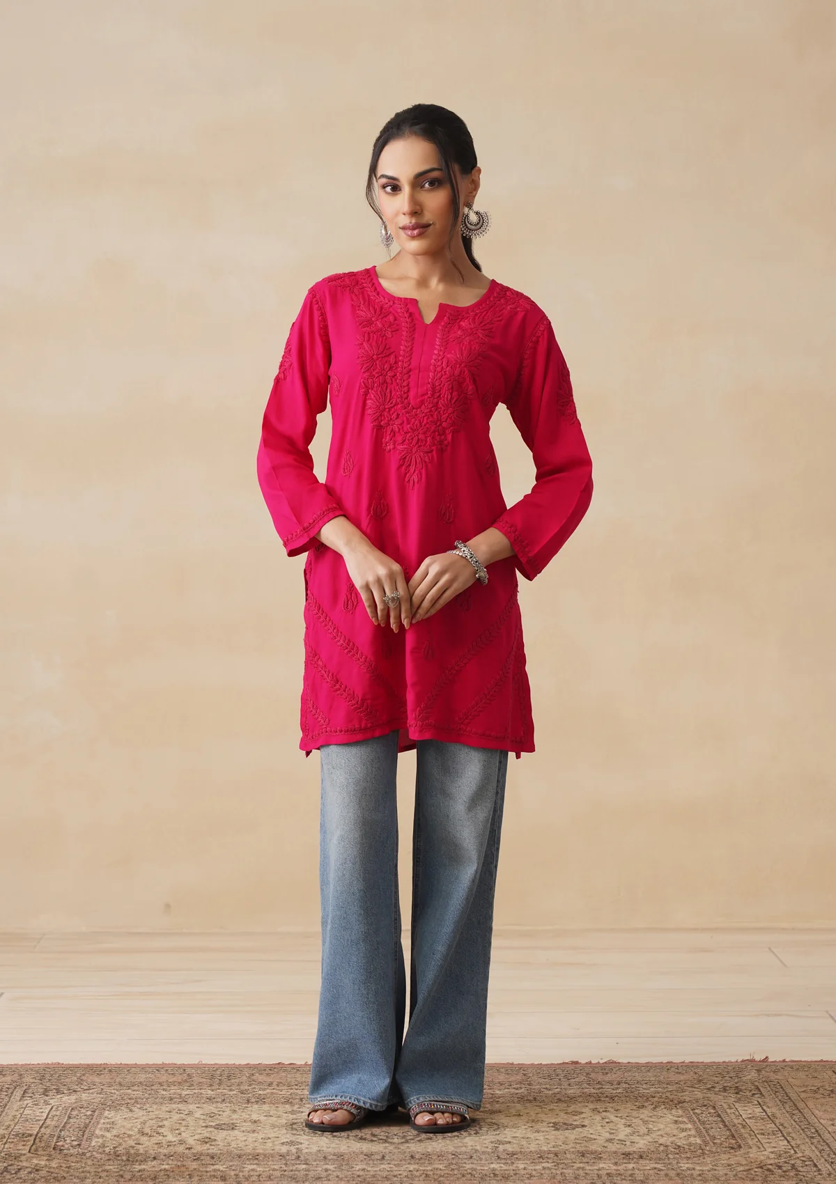 HOC Rayon Chikankari Solid Women's Short Kurta - Pink - Image 3