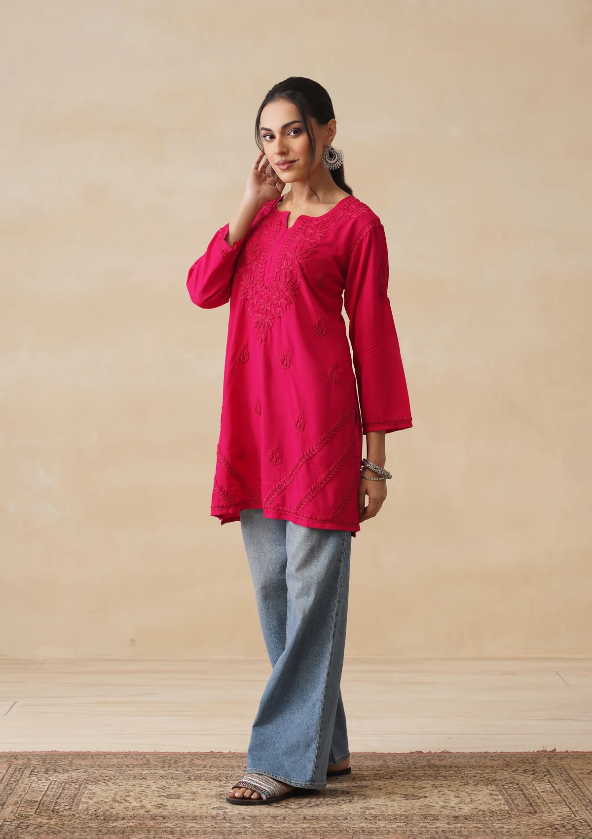 HOC Rayon Chikankari Solid Women's Short Kurta - Pink - Image 4