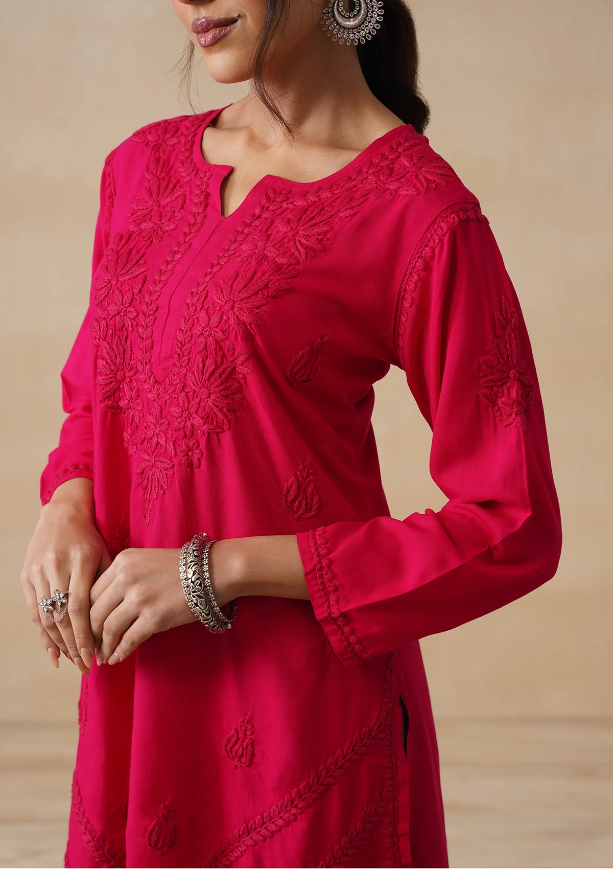 HOC Rayon Chikankari Solid Women's Short Kurta - Pink - Image 5