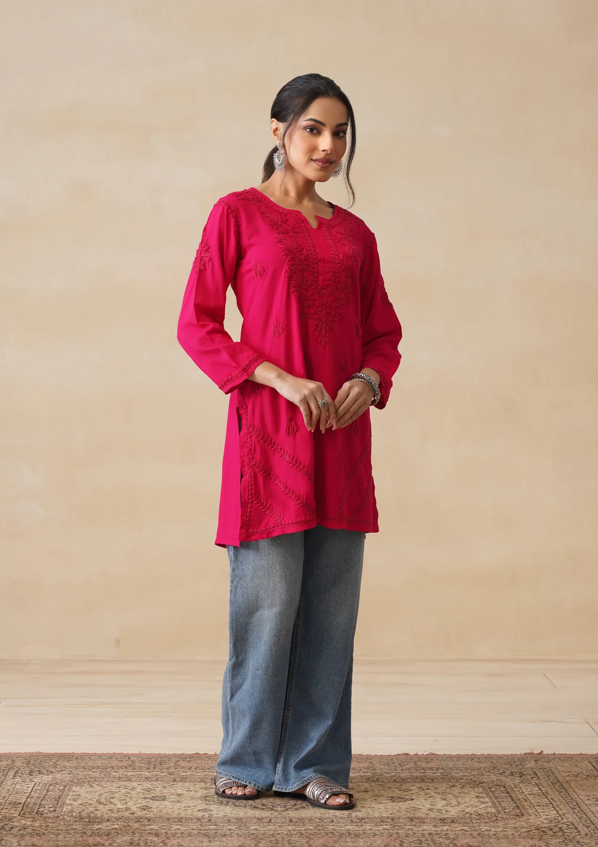 HOC Rayon Chikankari Solid Women's Short Kurta - Pink - Image 6