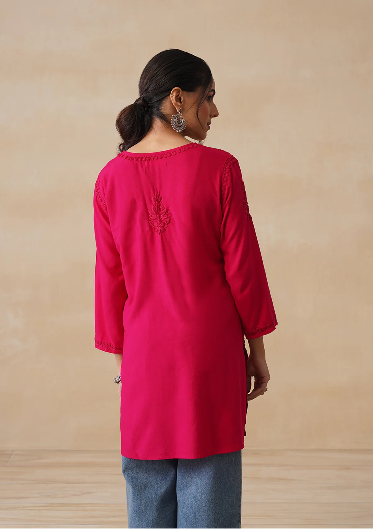 HOC Rayon Chikankari Solid Women's Short Kurta - Pink - Image 7