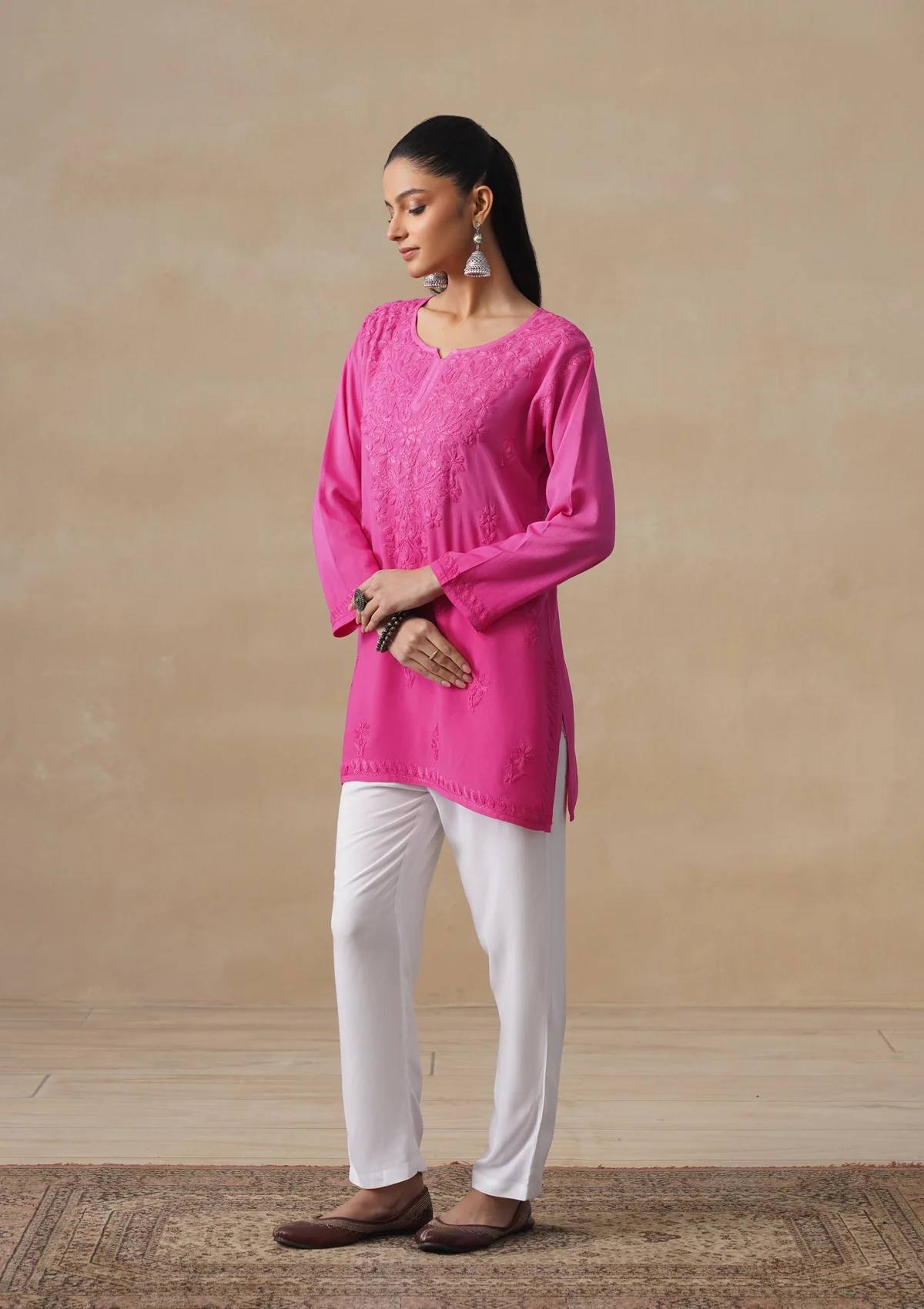 HOC Rayon Chikankari Solid Women's Short Kurta - Pink - Image 4