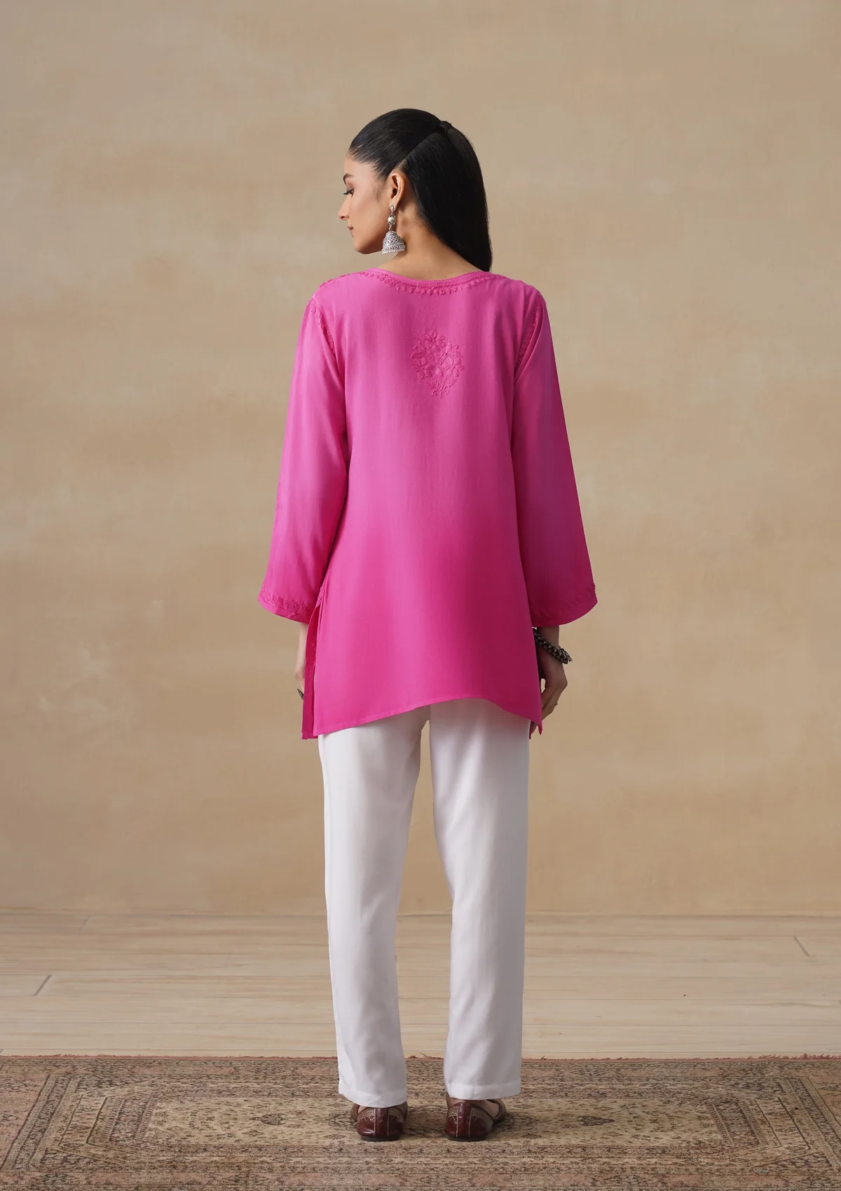 HOC Rayon Chikankari Solid Women's Short Kurta - Pink - Image 5