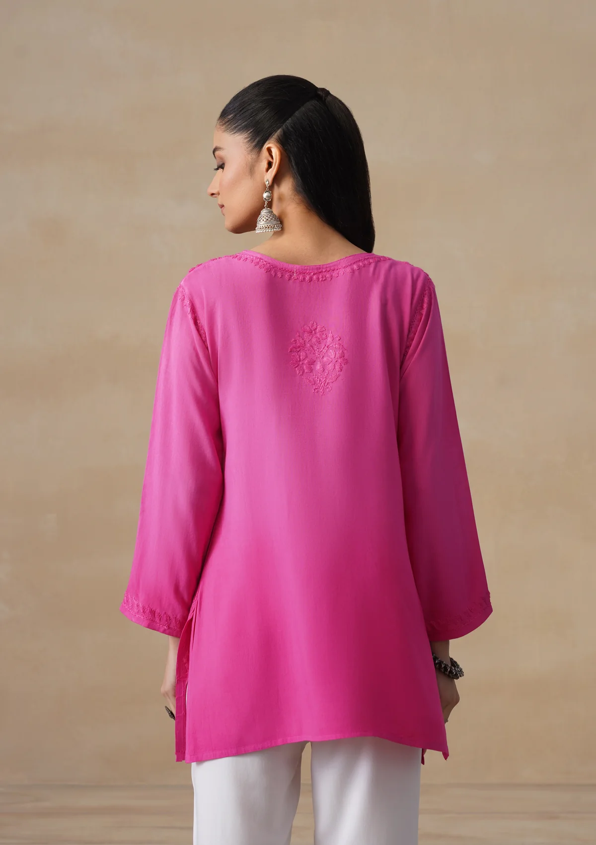 HOC Rayon Chikankari Solid Women's Short Kurta - Pink - Image 9