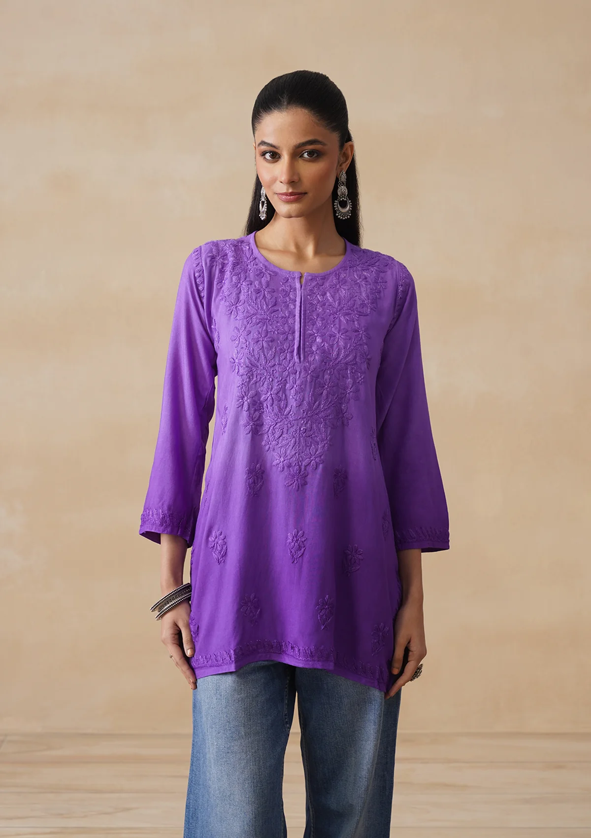 HOC Rayon Chikankari Solid Women's Short Kurta - Purple