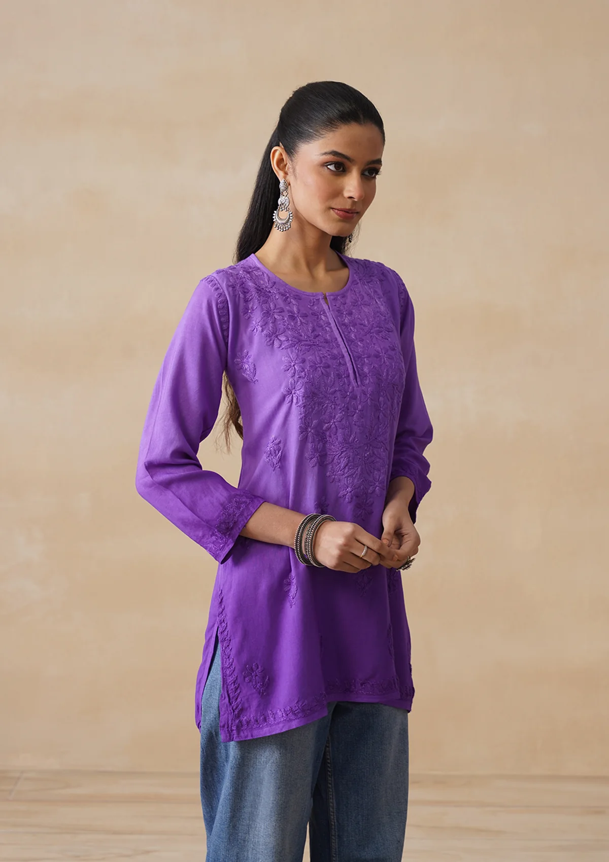 HOC Rayon Chikankari Solid Women's Short Kurta - Purple - Image 2