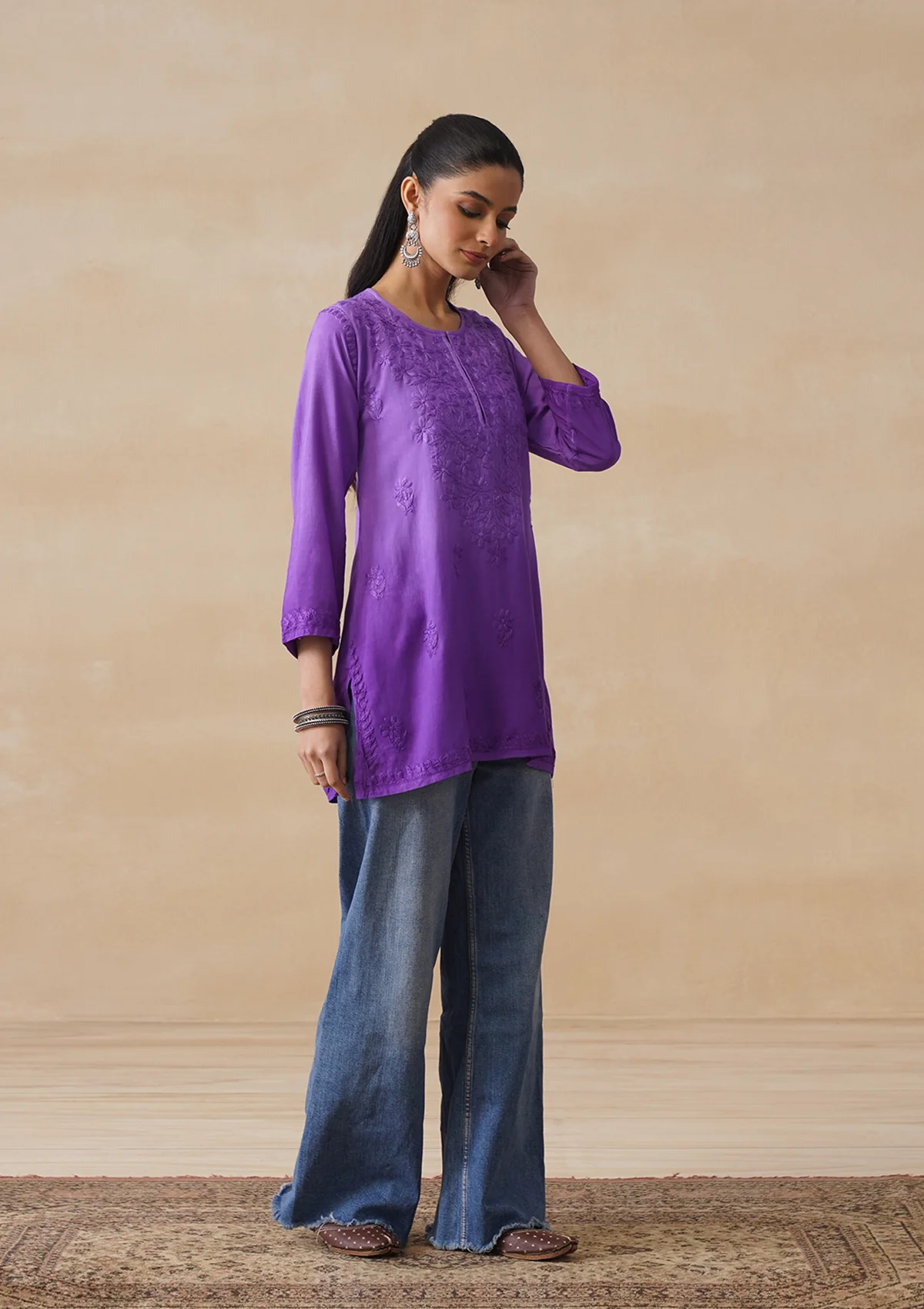 HOC Rayon Chikankari Solid Women's Short Kurta - Purple - Image 3