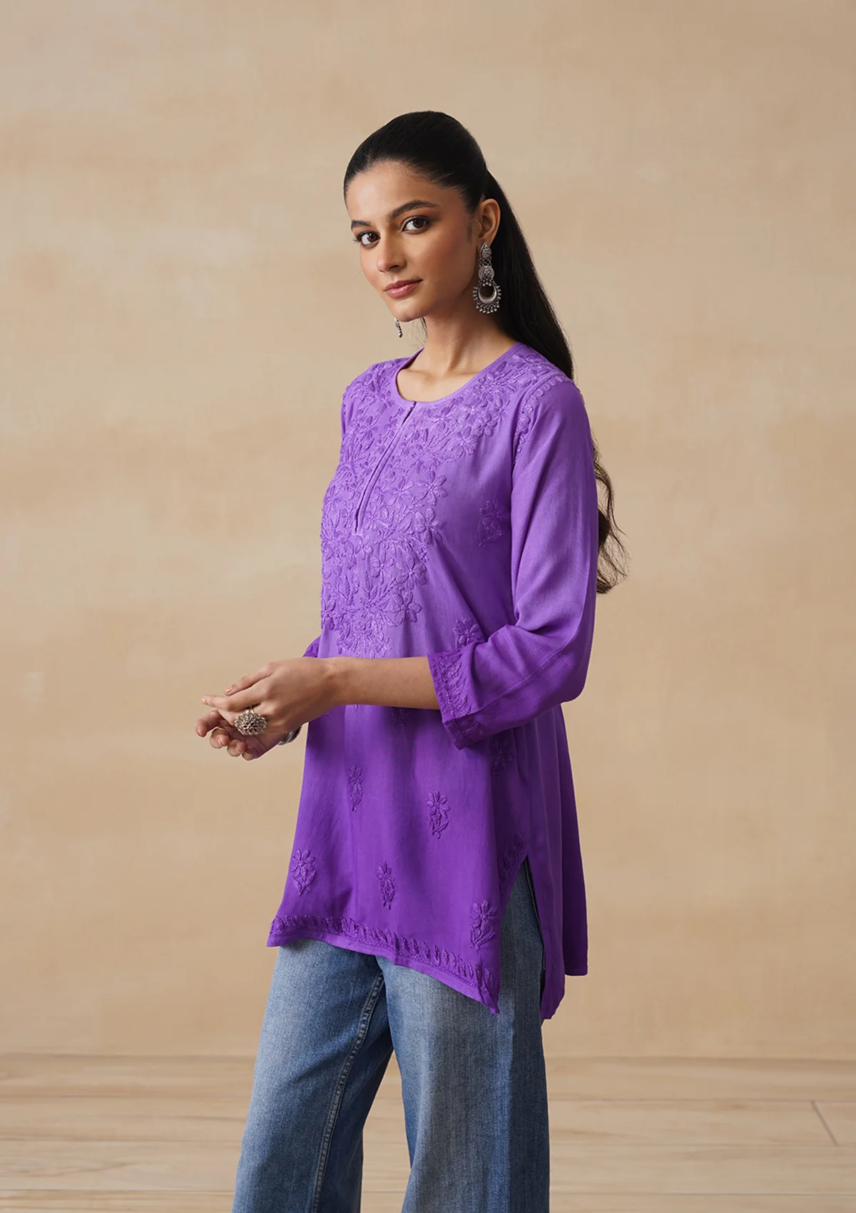 HOC Rayon Chikankari Solid Women's Short Kurta - Purple - Image 5