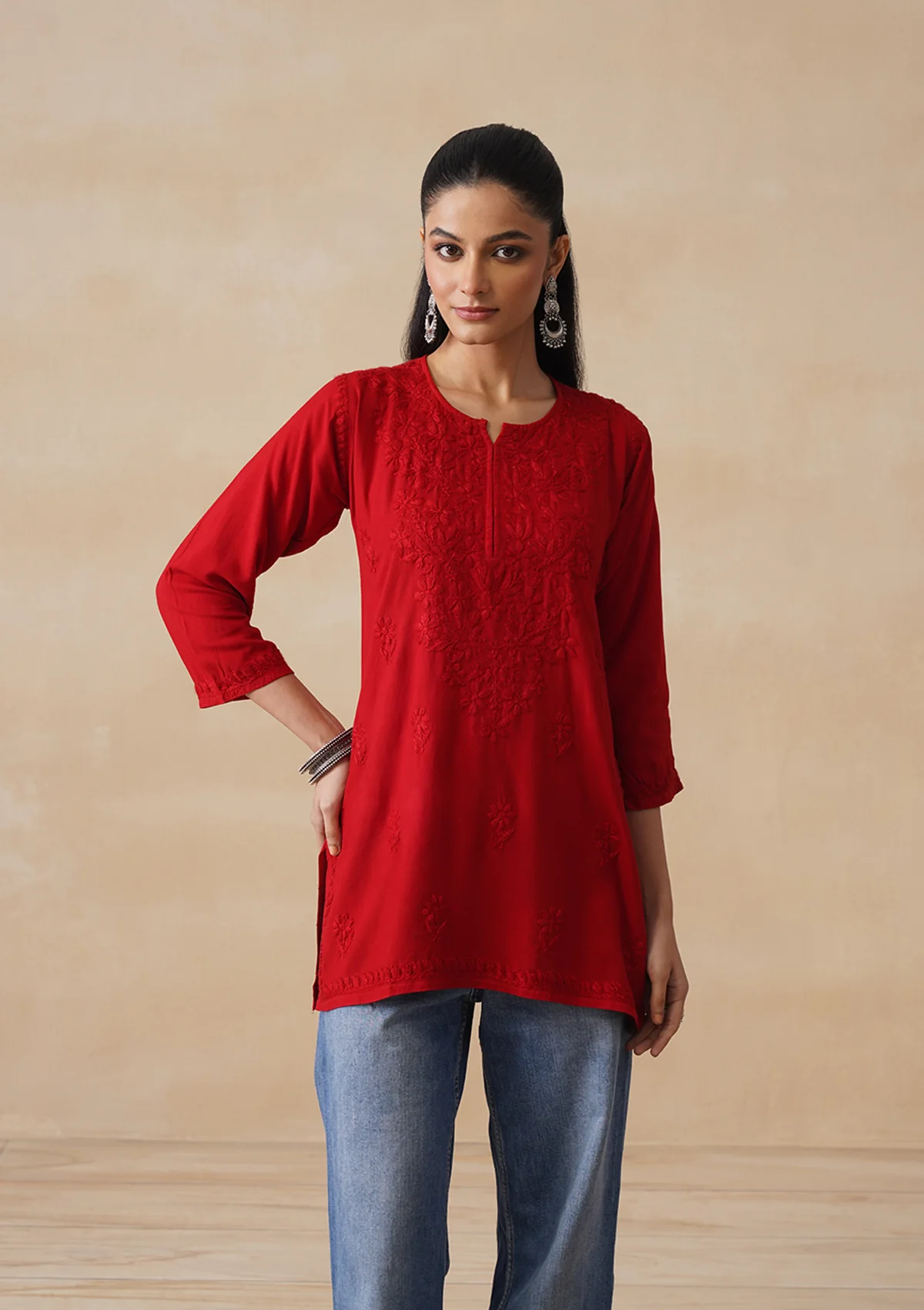 HOC Rayon Chikankari Solid Women's Short Kurta - Red