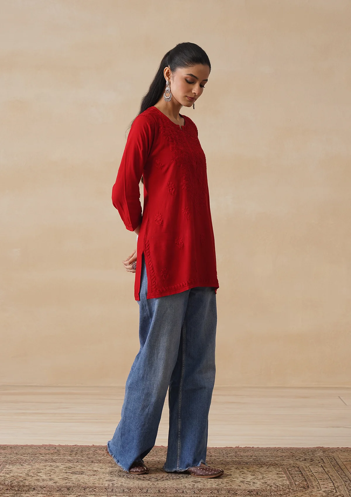 HOC Rayon Chikankari Solid Women's Short Kurta - Red - Image 10