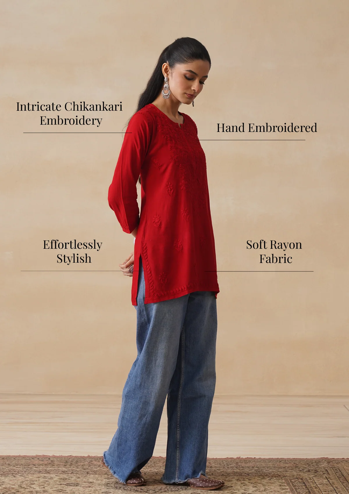 HOC Rayon Chikankari Solid Women's Short Kurta - Red - Image 11