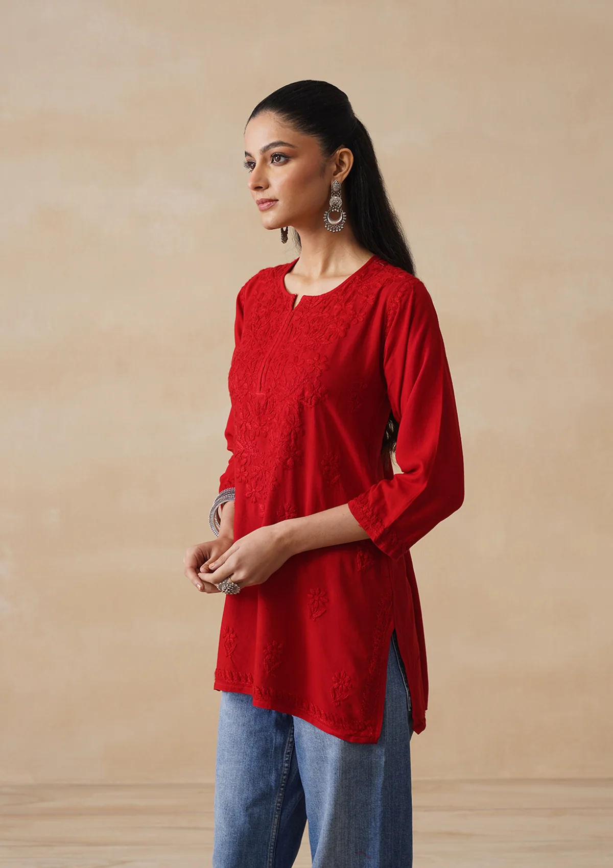 HOC Rayon Chikankari Solid Women's Short Kurta - Red - Image 3