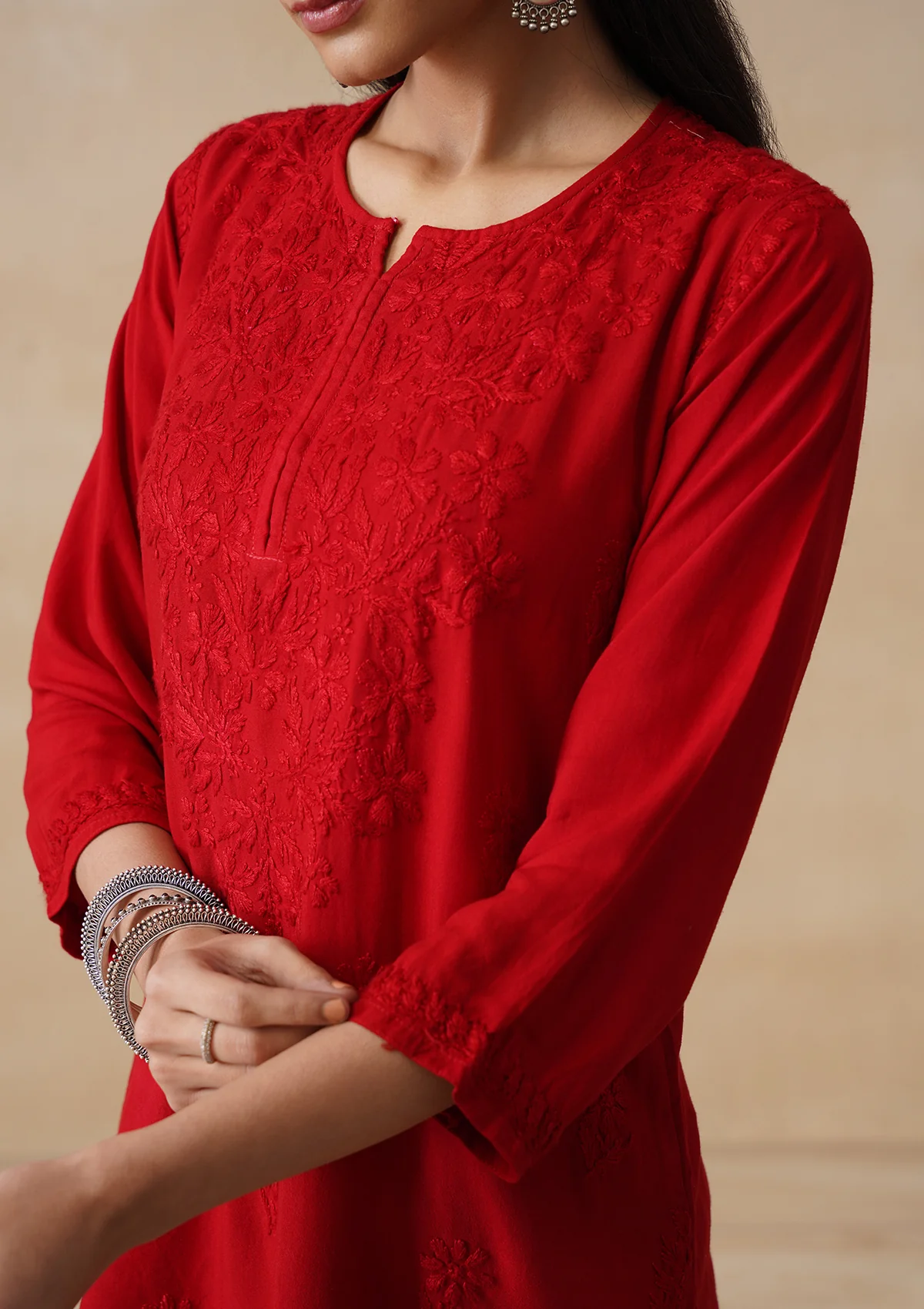 HOC Rayon Chikankari Solid Women's Short Kurta - Red - Image 5