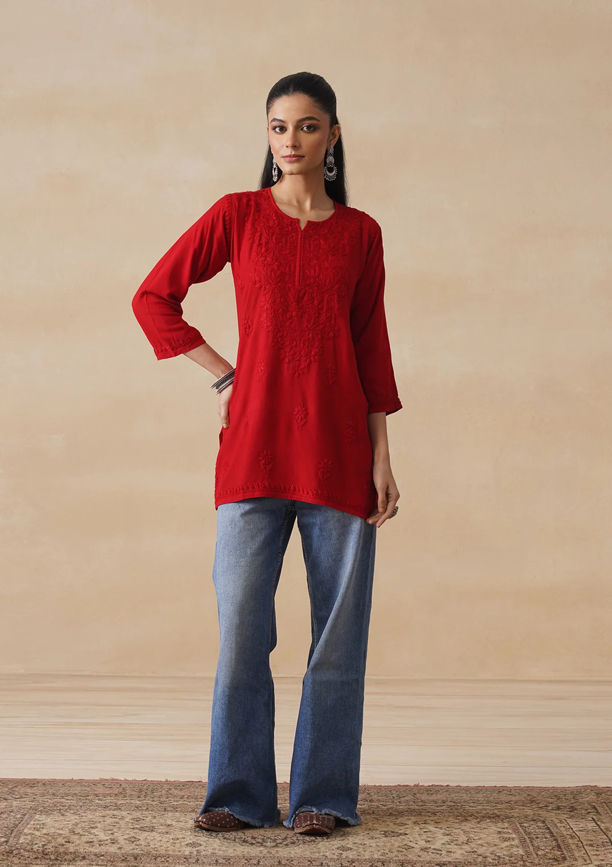 HOC Rayon Chikankari Solid Women's Short Kurta - Red - Image 6