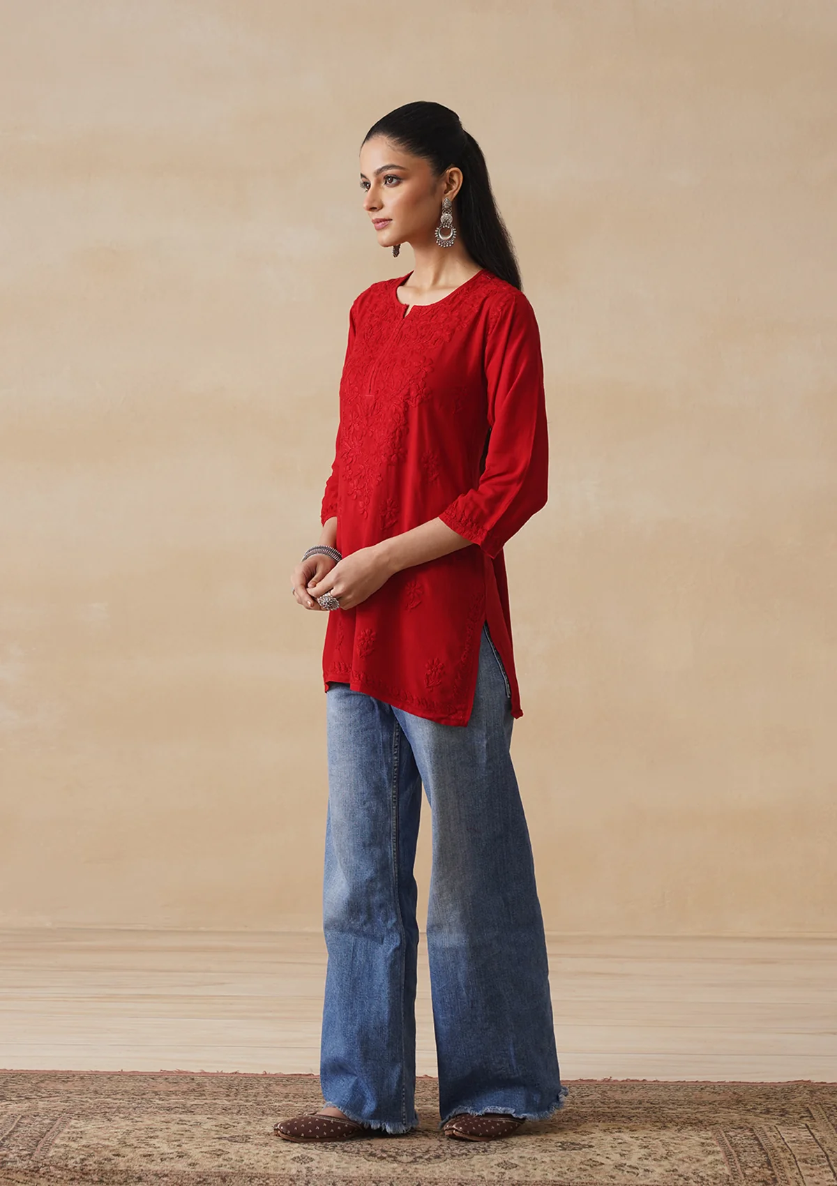 HOC Rayon Chikankari Solid Women's Short Kurta - Red - Image 7